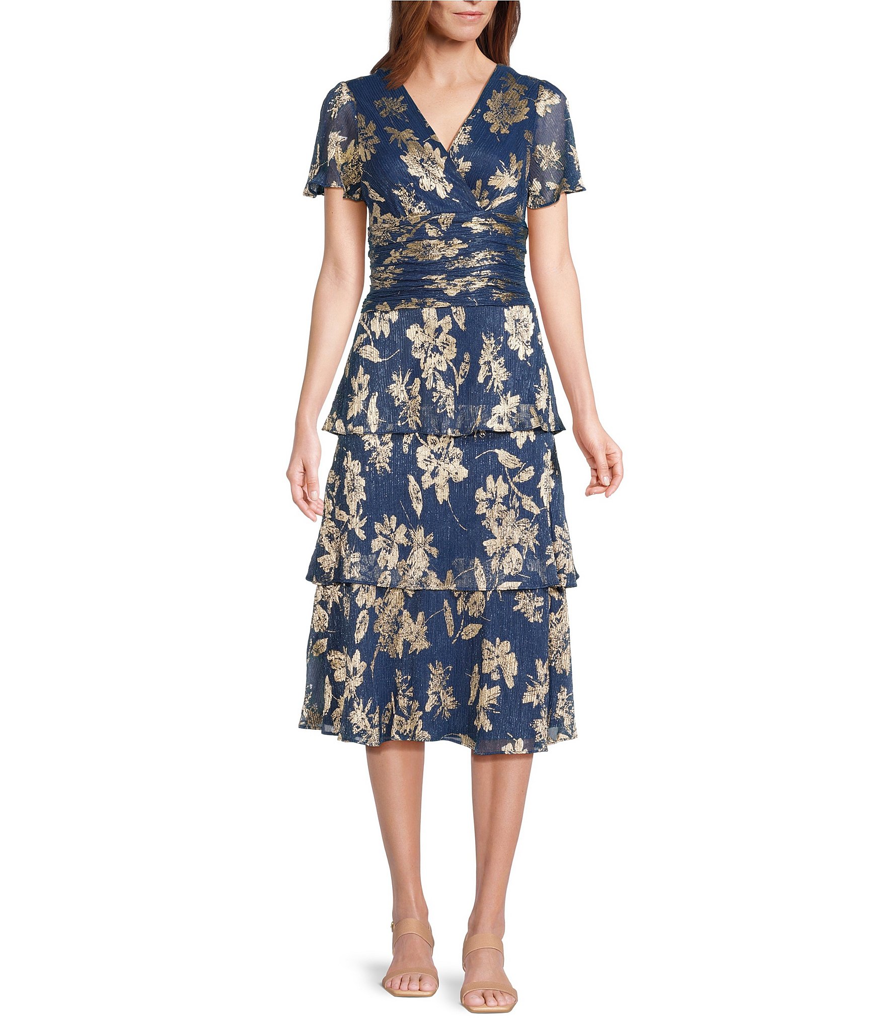 Ignite Evenings Short Sleeve V-Neck Tiered Floral Midi Dress