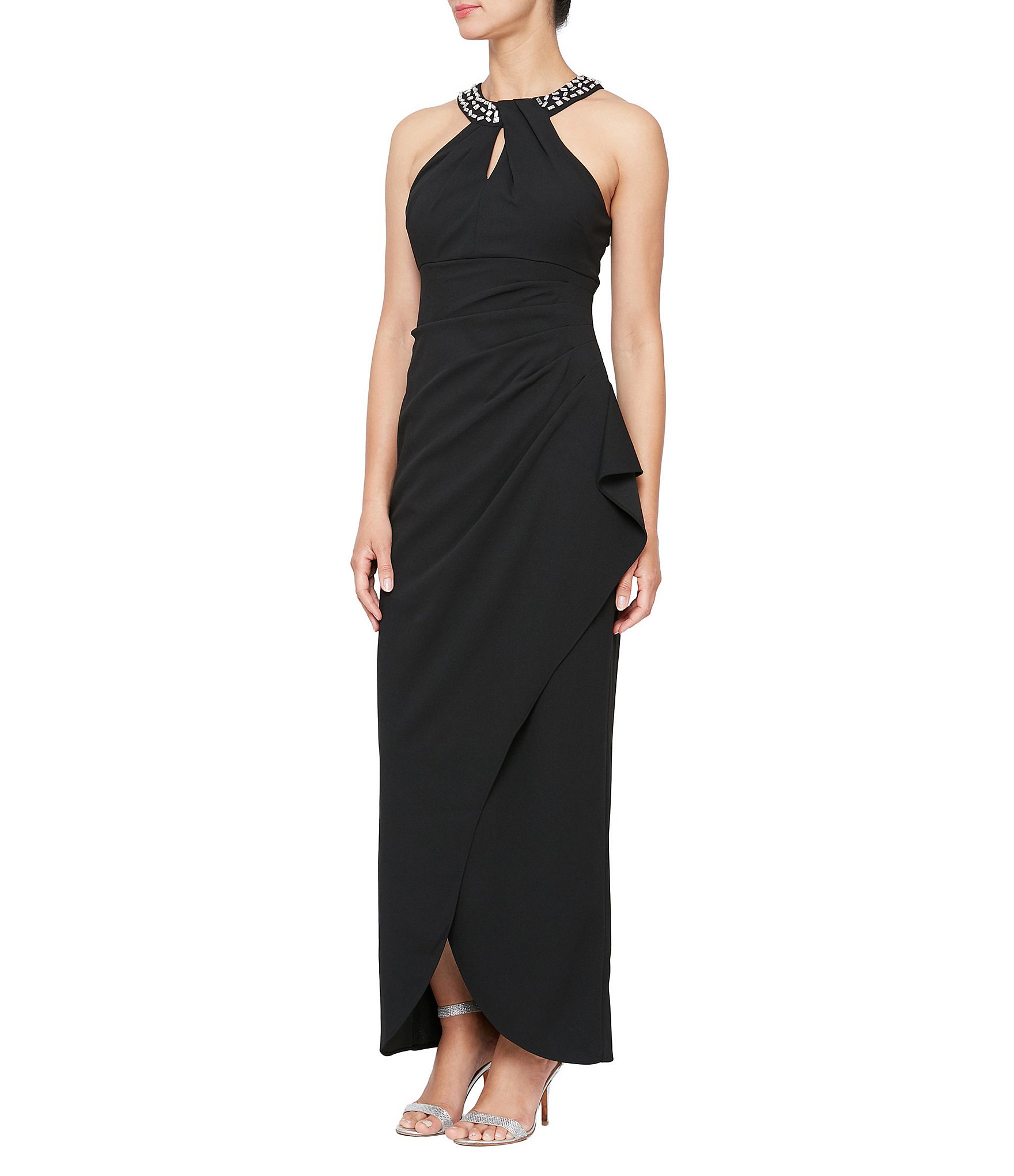 Ignite Evenings Sleeveless Beaded Twisted Halter Neck Ruffleed Scuba Crepe Gown Dillards 6499