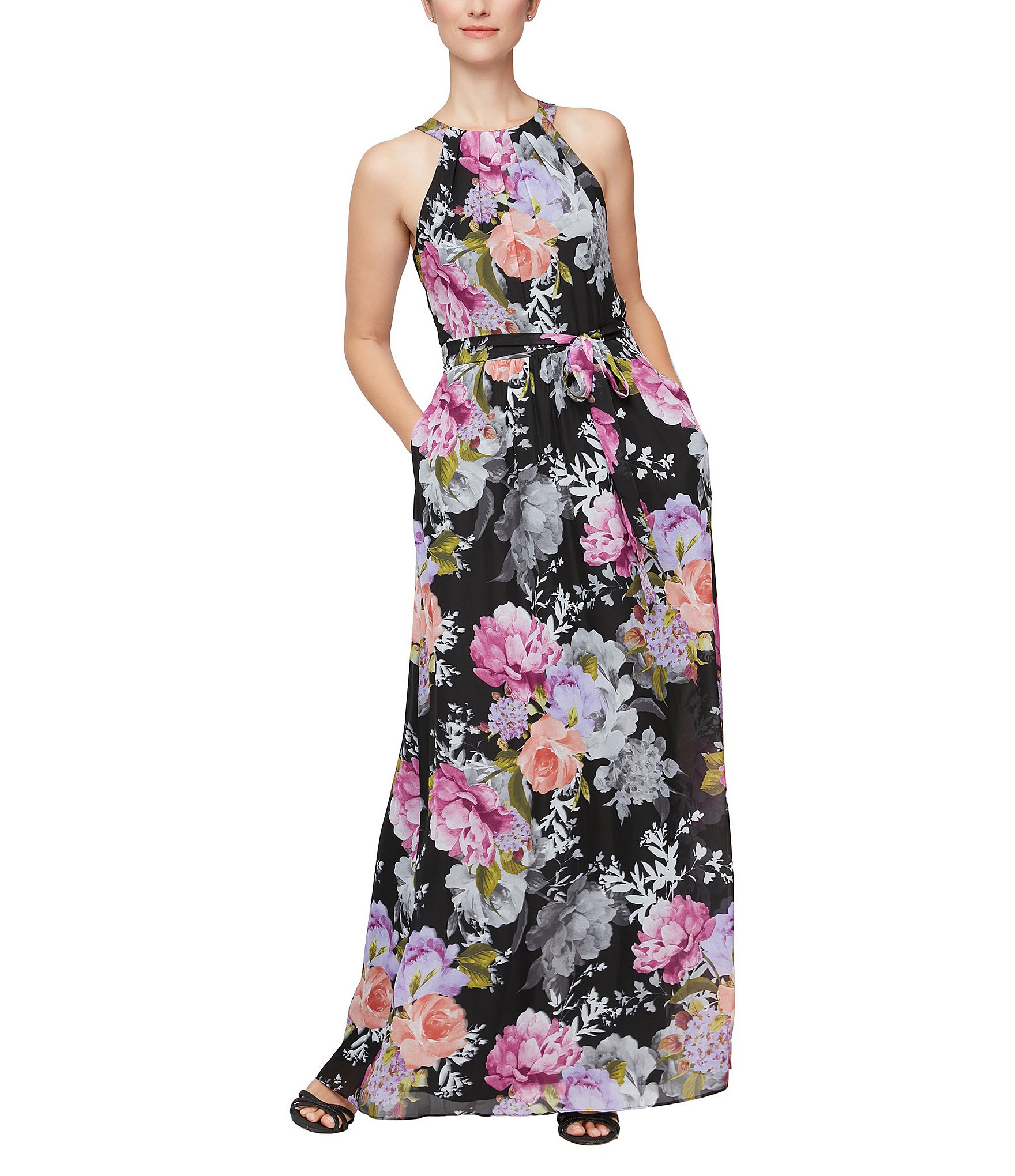Ignite Evenings Sleeveless Halter Neck Floral Chiffon Maxi Dress