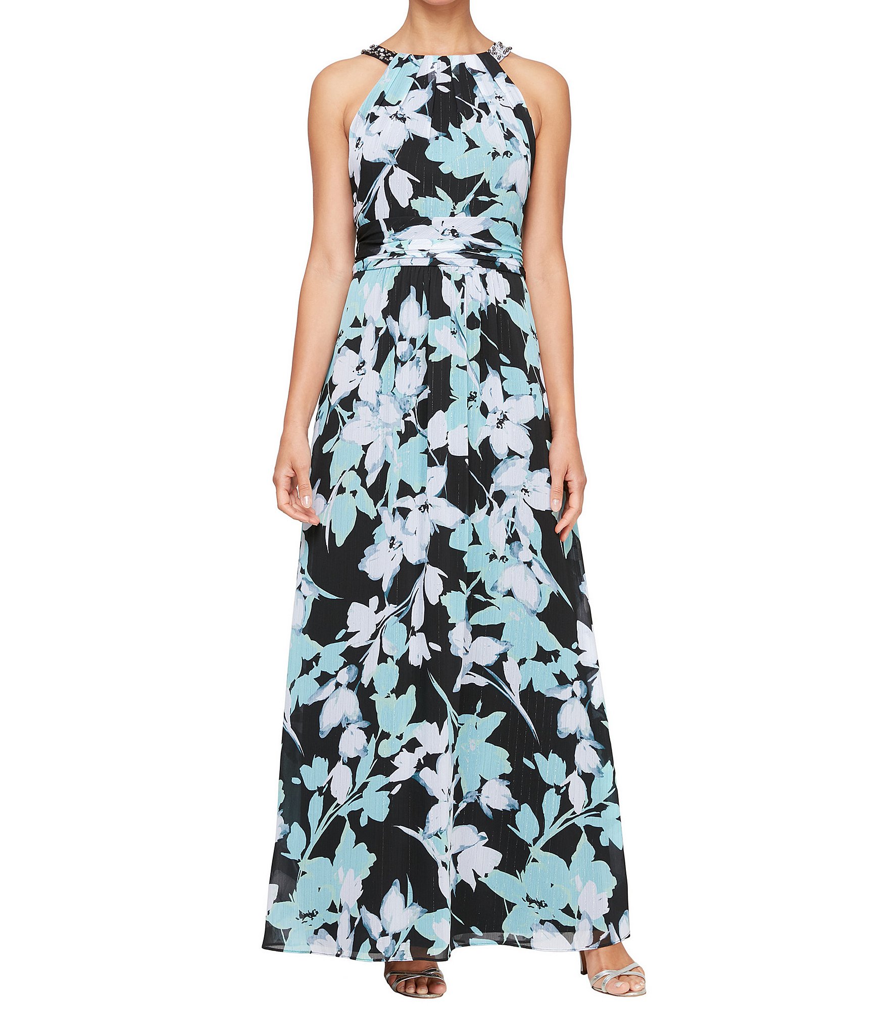 Ignite Evenings Sleeveless Halter Neck Pleated Waist Floral Chiffon A Line Maxi Dress Dillards 9393