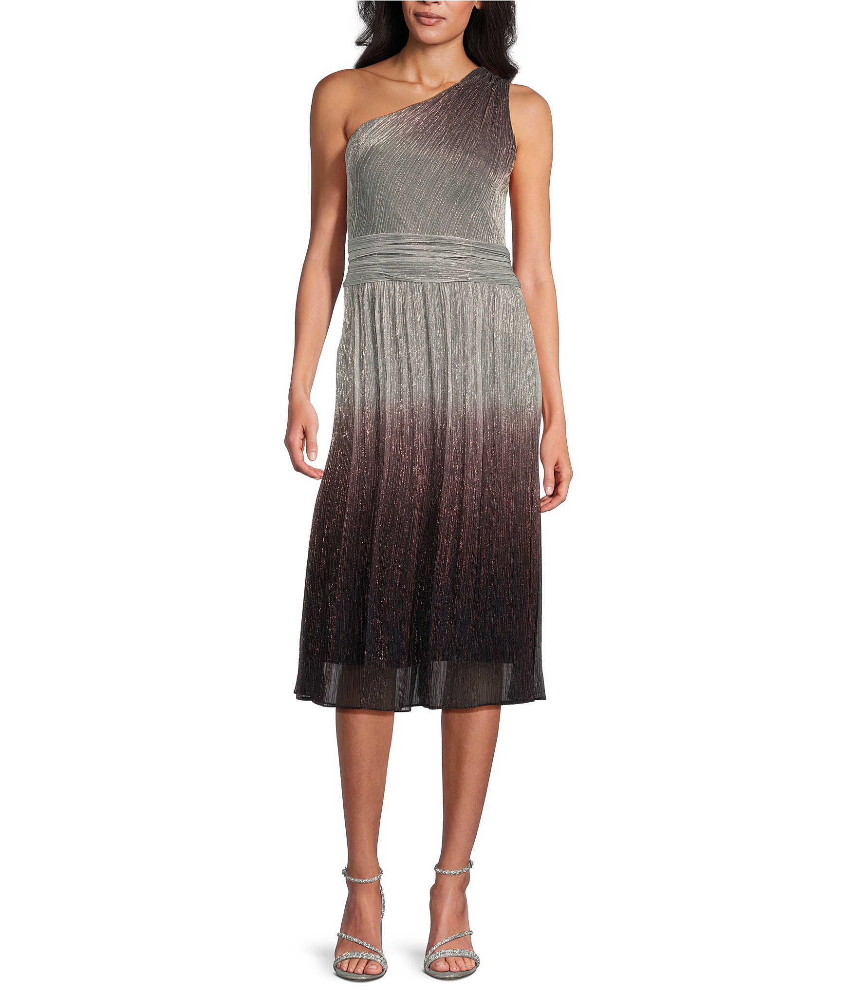 Ignite Evenings Sleeveless One Shoulder Ombre Metallic Sheath Dress ...