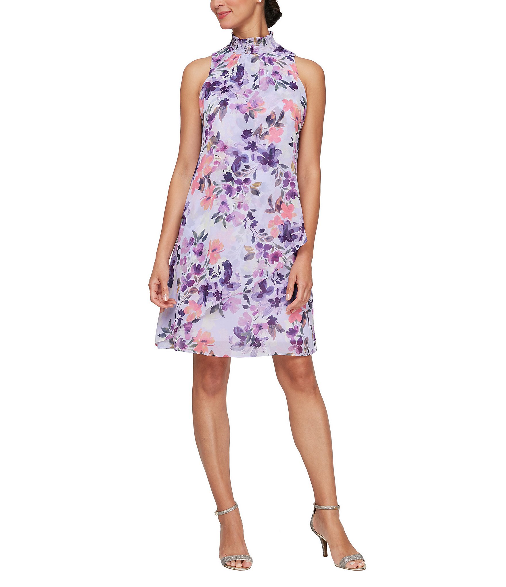 Ignite Evenings Sleeveless Smock Neck Asymmetrical Overlay Floral ...