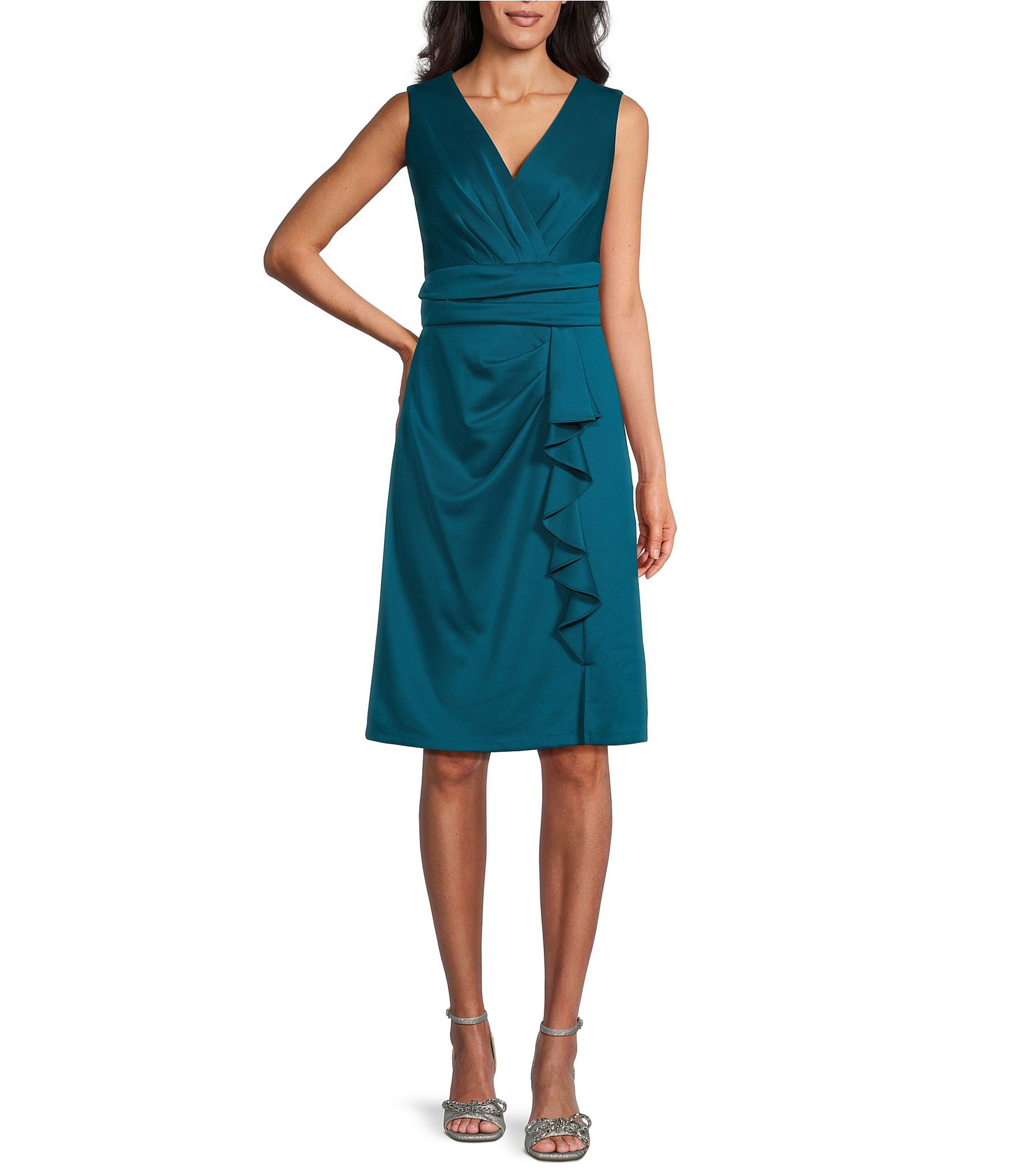 Ignite Evenings Sleeveless V Neck Cascade Ruffle Scuba Dress Dillards