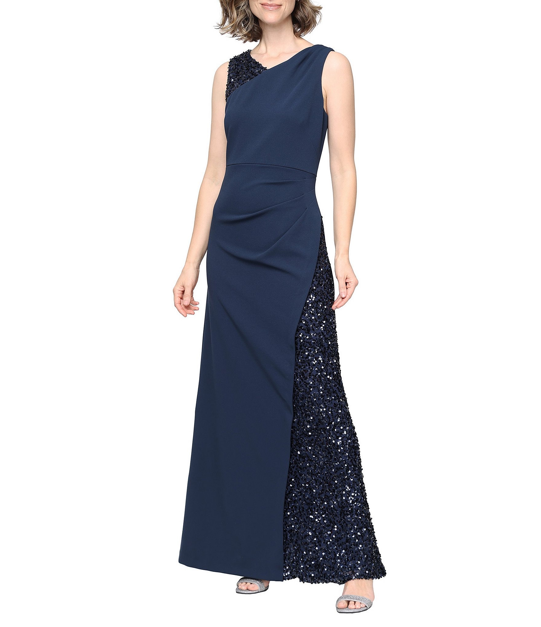 Ignite Evenings Sleeveless V Neck Sequin Panel Crepe Gown