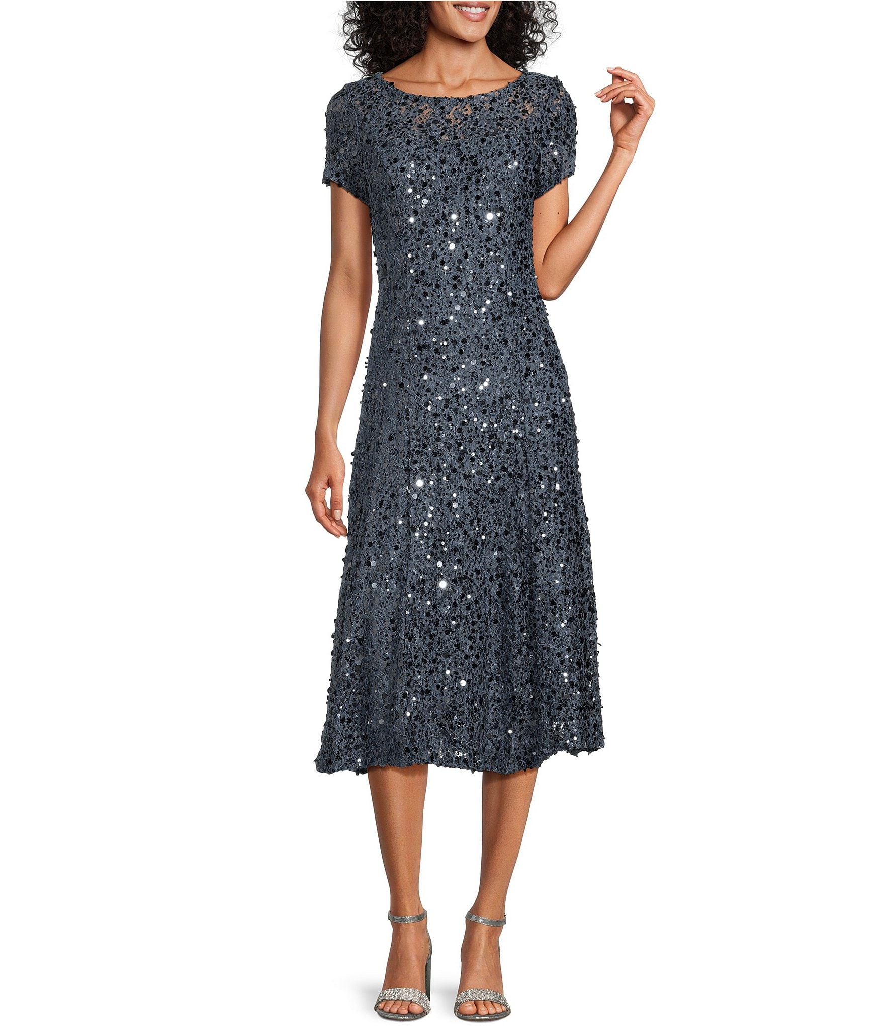 Ignite Evenings Stretch Sequin Lace Short Sleeve Illusion Boat Neck A Line Midi Dress Dillard s