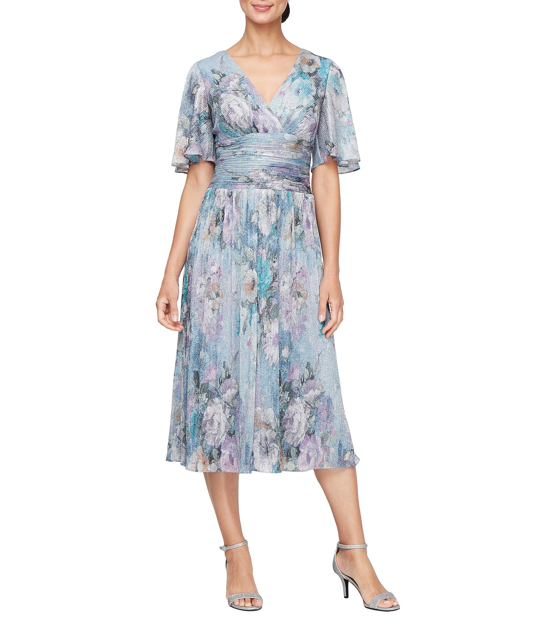 Ignite Evenings Surplice Neck Elbow Flutter Sleeve Ruched Waist Shimer Floral Print A Line Midi Dress