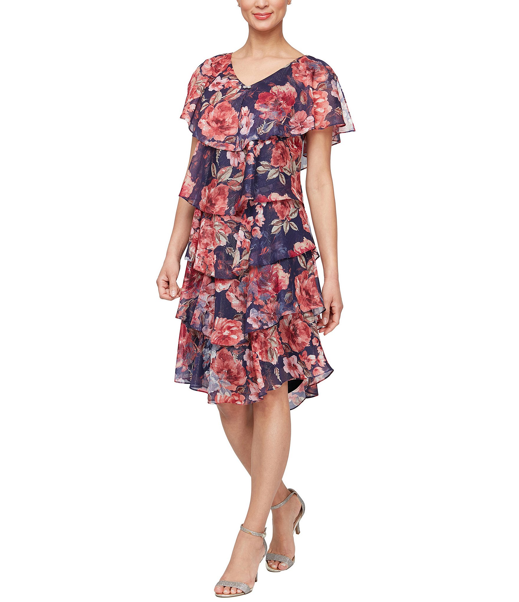 Ignite Evenings V-Neck Short Sleeve Chiffon Tiered Capelet Floral Shift Dress