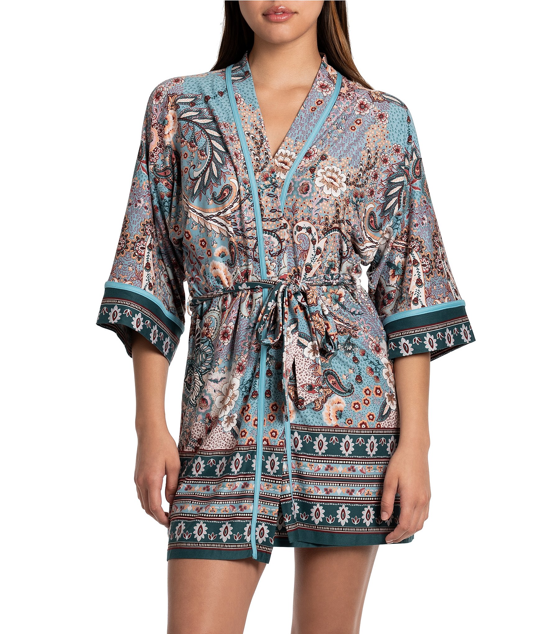 In Bloom By Jonquil 3/4 Sleeve Jersey Knit Paisley Border Coordinating Wrap Robe