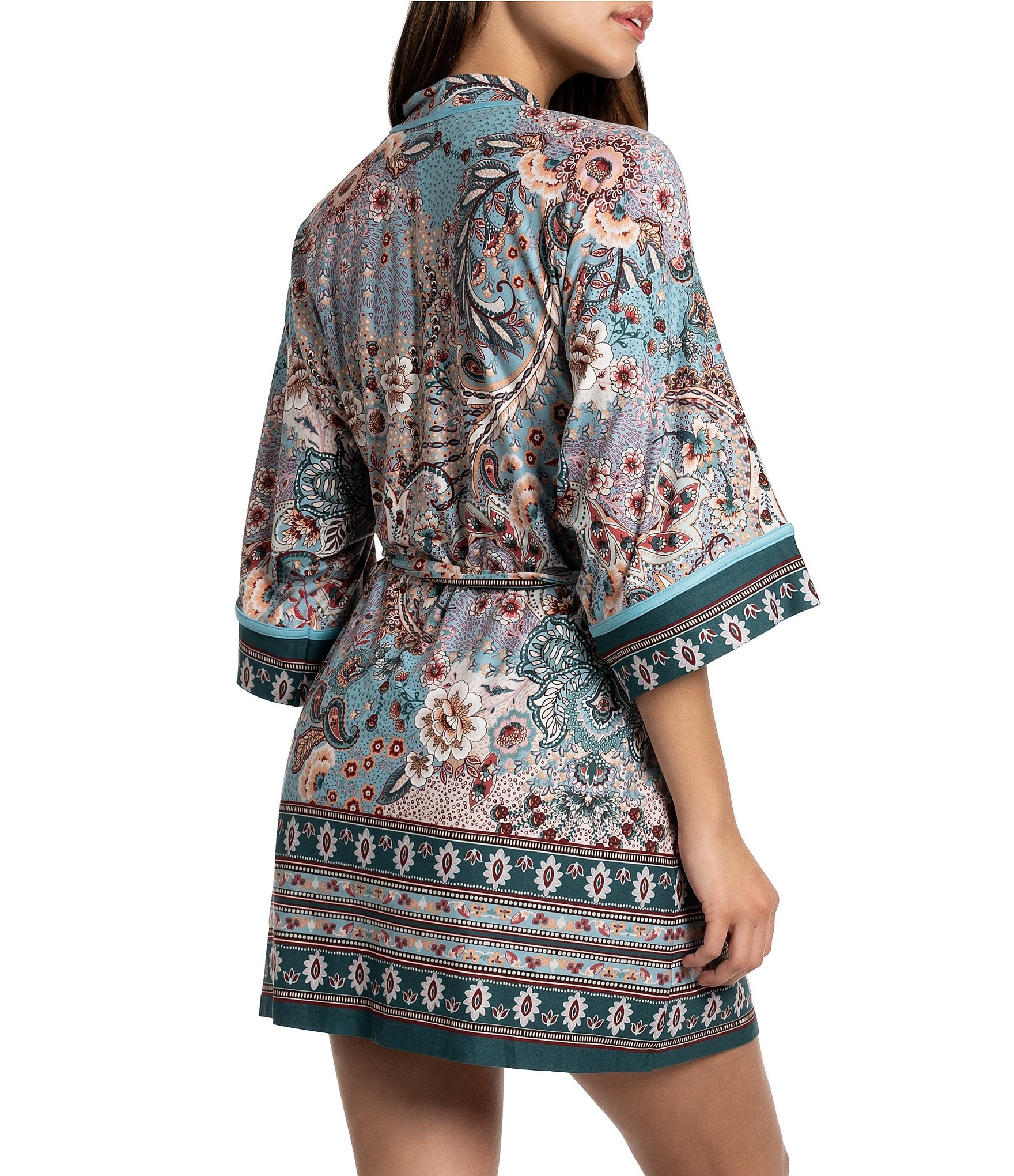 In Bloom By Jonquil 3/4 Sleeve Jersey Knit Paisley Border Coordinating Wrap Robe