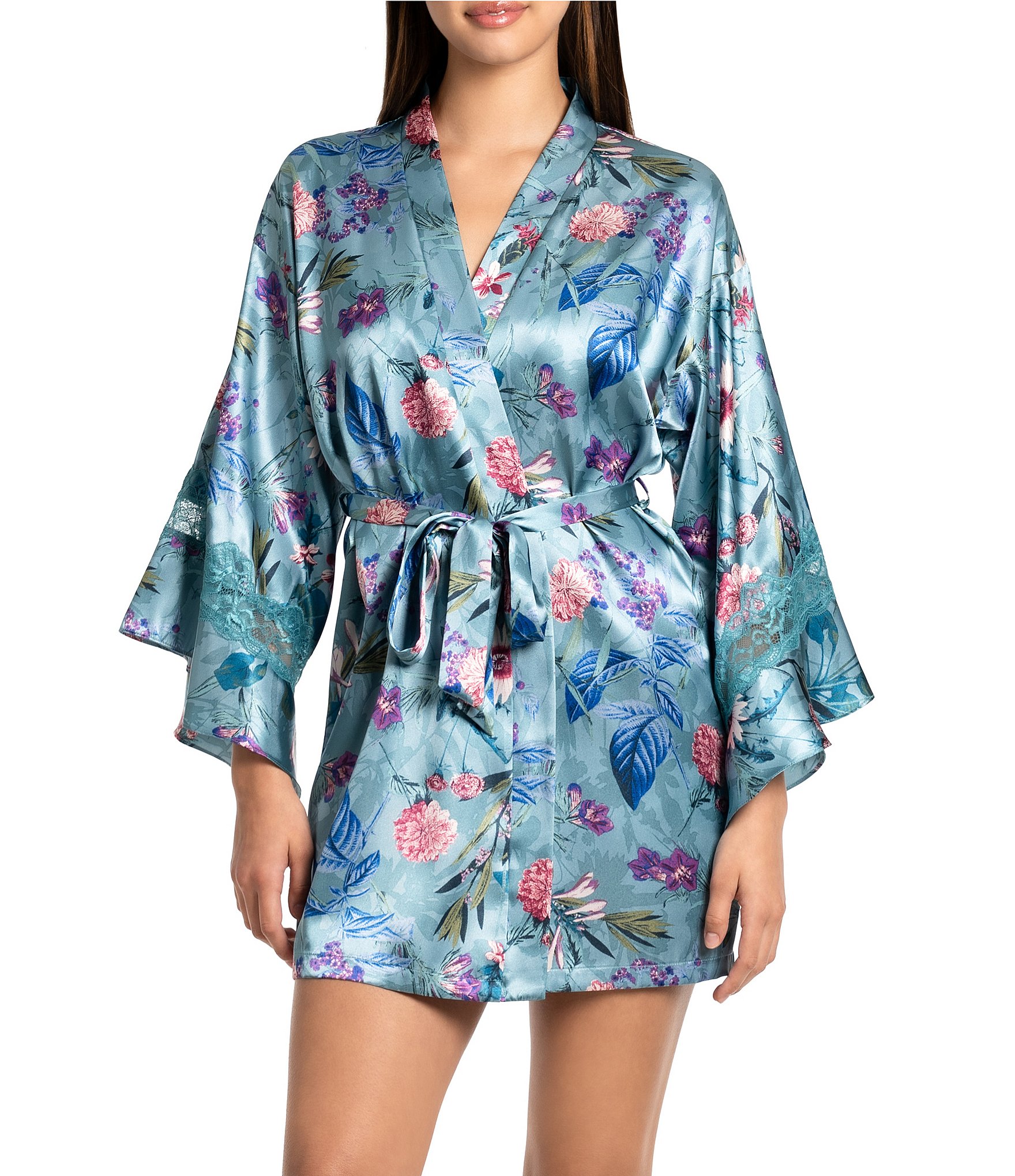 In Bloom by Jonquil 3/4 Sleeve Satin Floral Print Coordinating Short Robe