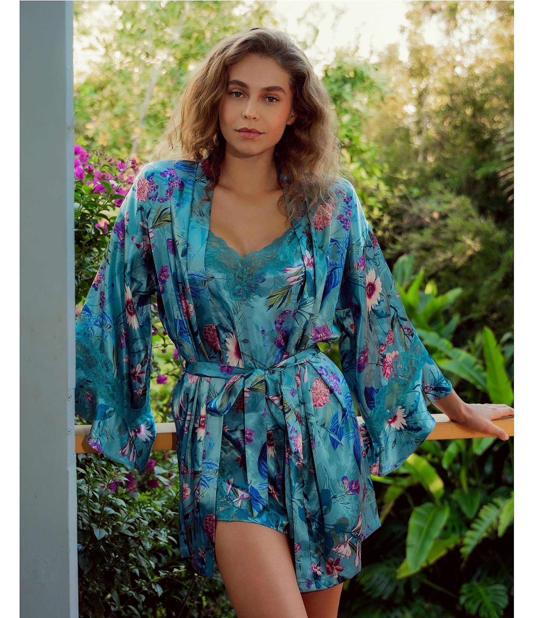 In Bloom by Jonquil 3/4 Sleeve Satin Floral Print Coordinating Short Robe