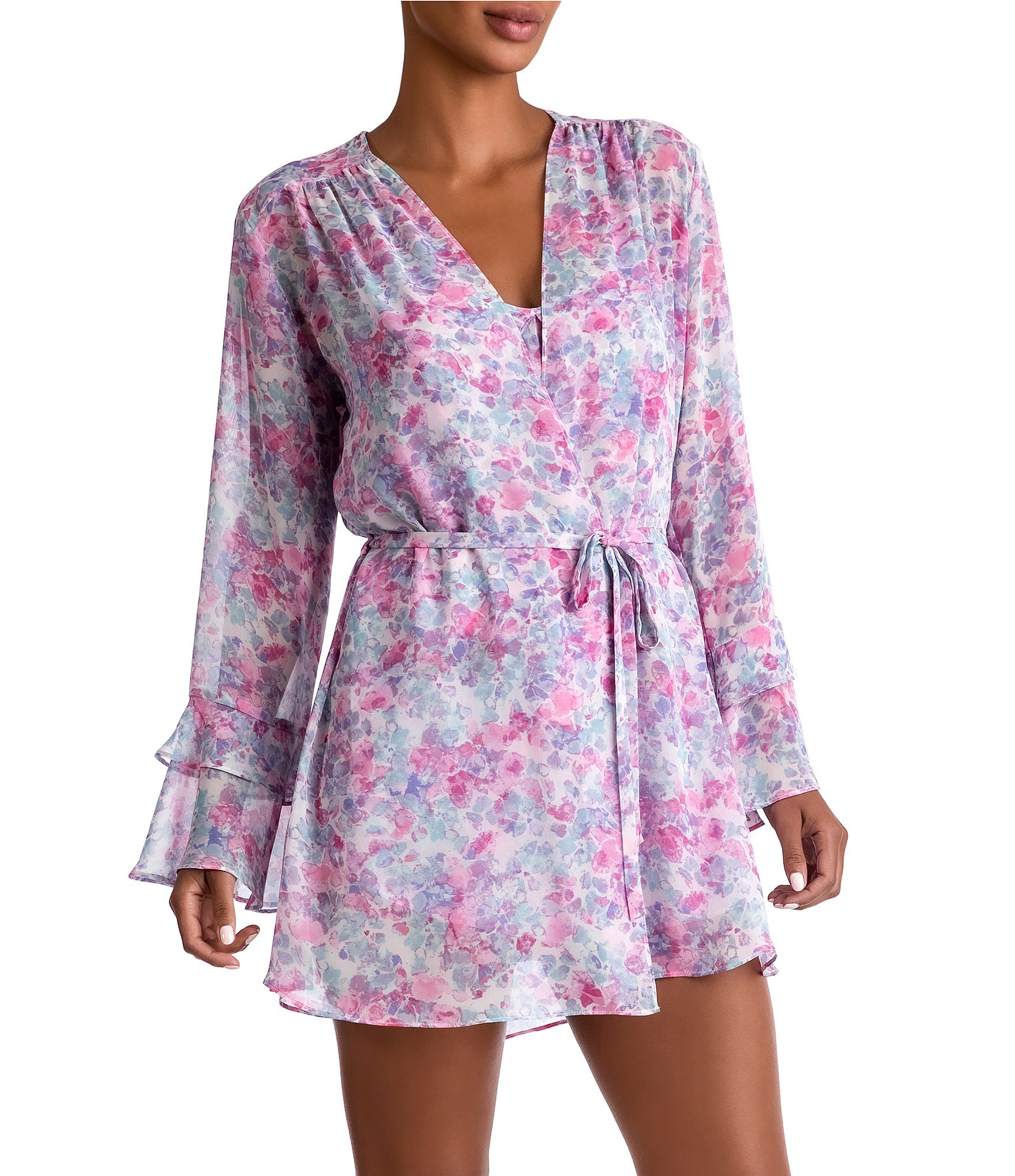 In Bloom by Jonquil Chiffon Ditsy Floral Print Long Sleeve Coordinating  Short Wrap Robe | Dillard's