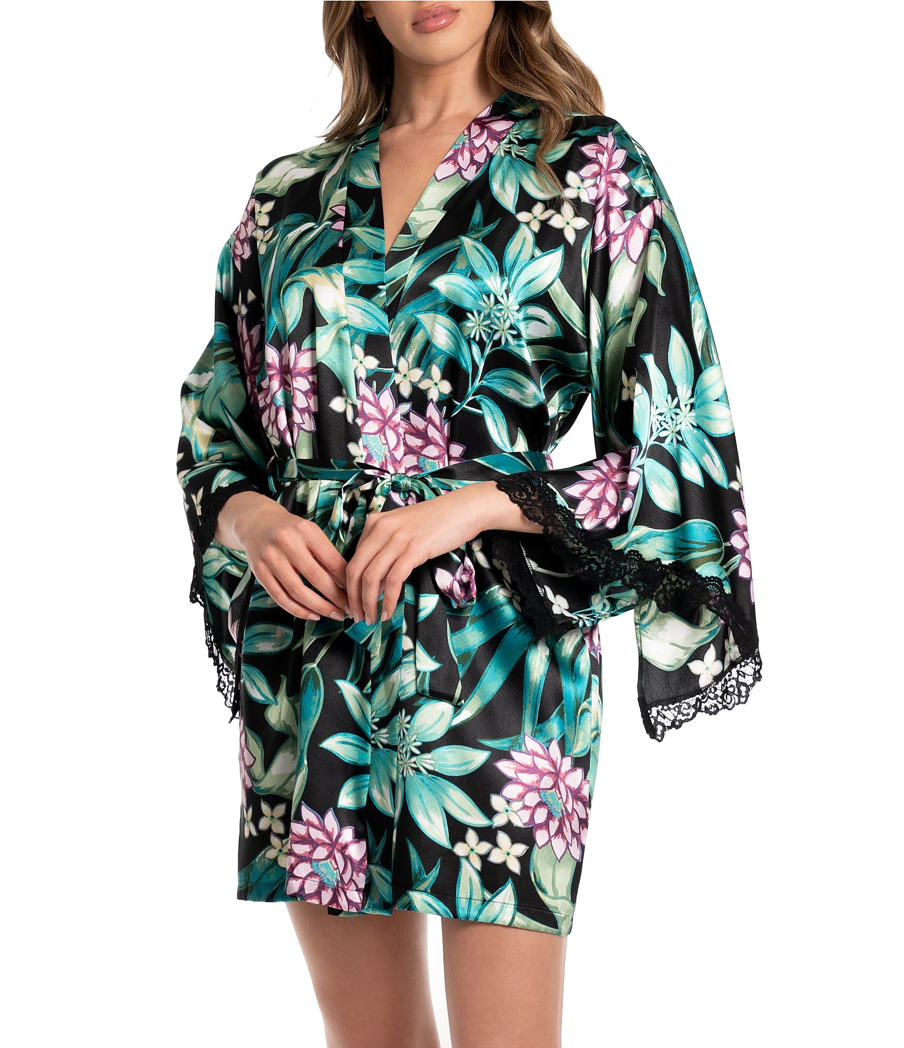 In Bloom by Jonquil Floral Leaf Satin 3/4 Sleeve Coordinating Short Robe