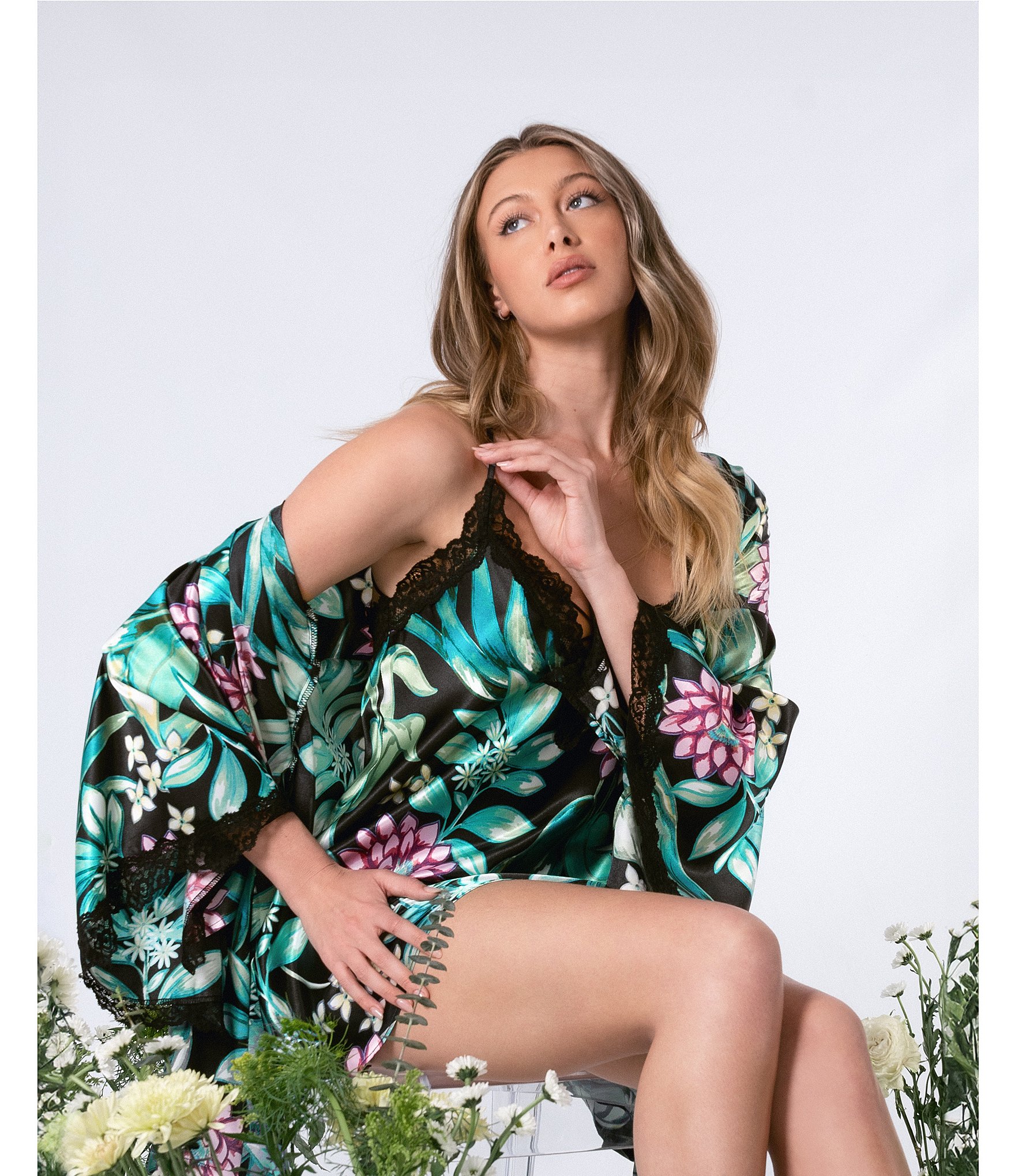 In Bloom by Jonquil Floral Leaf Satin 3/4 Sleeve Coordinating Short Robe