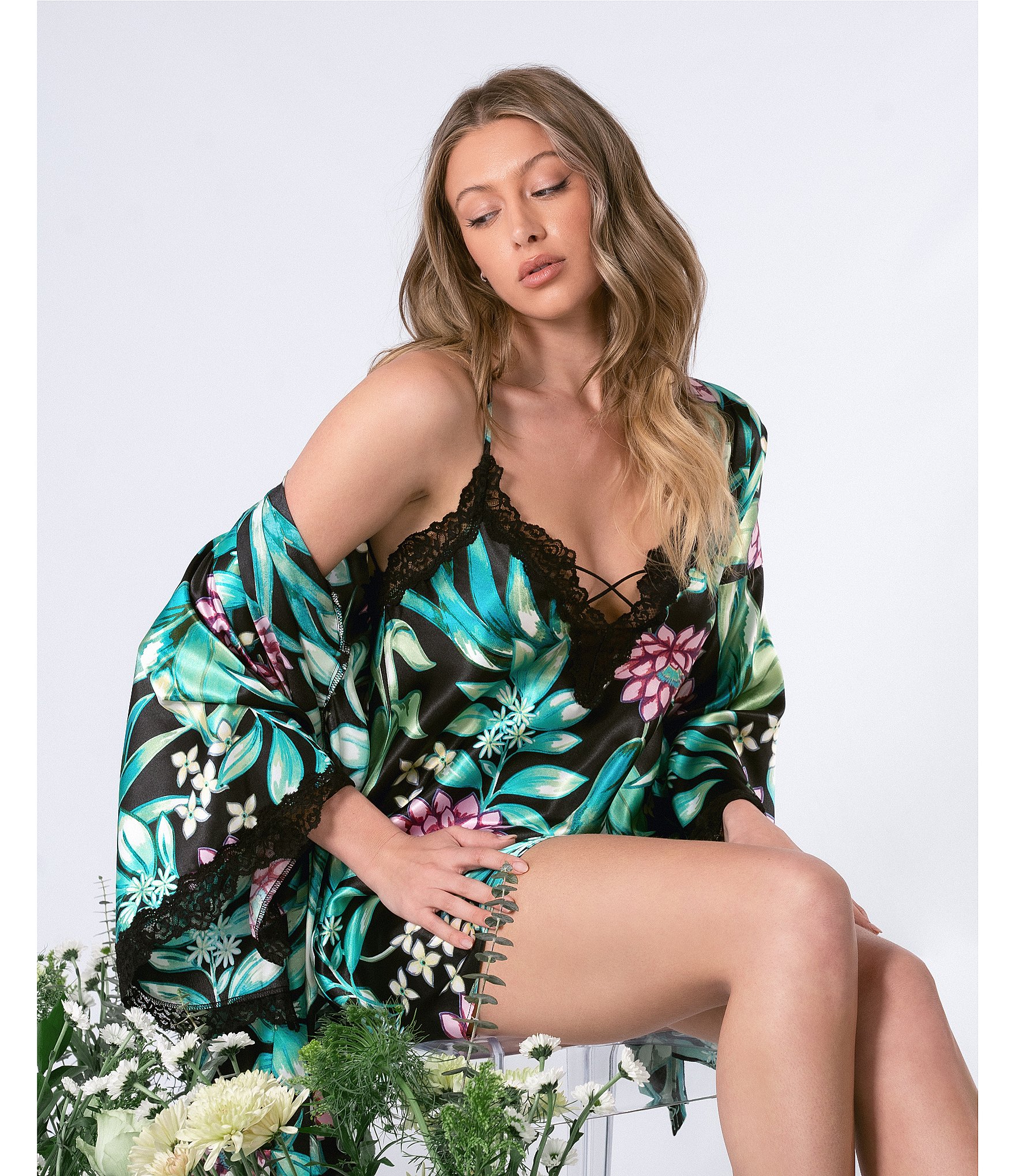 In Bloom by Jonquil Floral Leaf Satin 3/4 Sleeve Coordinating Short Robe