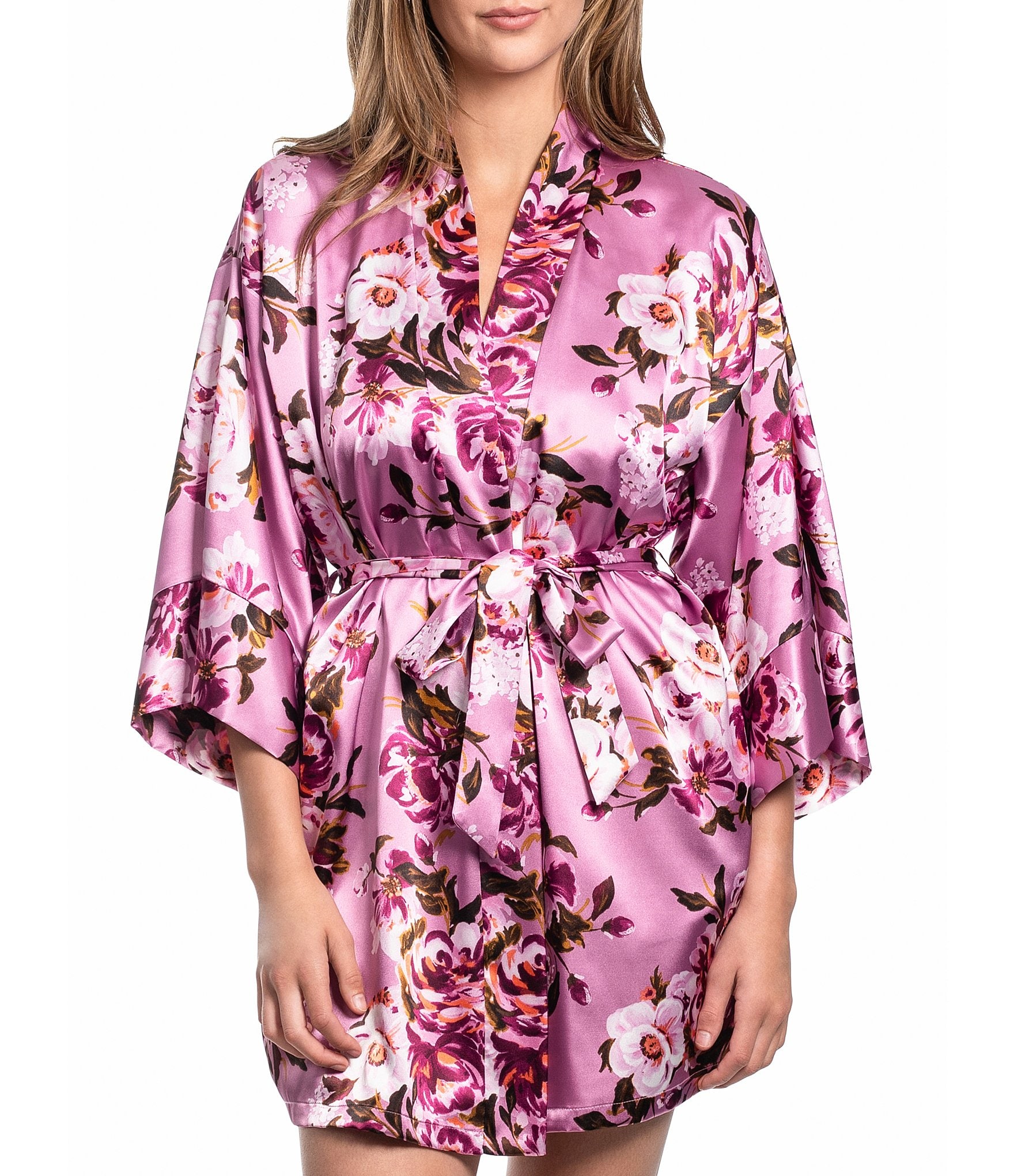 In Bloom By Jonquil Floral Print 3/4 Sleeve Satin Short Robe