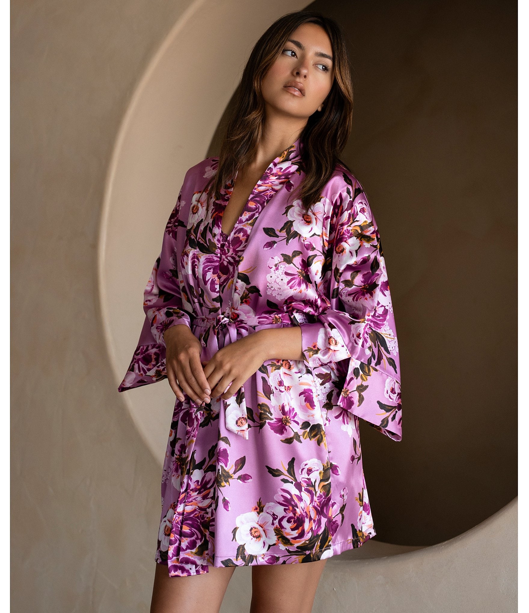 In Bloom By Jonquil Floral Print 3/4 Sleeve Satin Short Robe