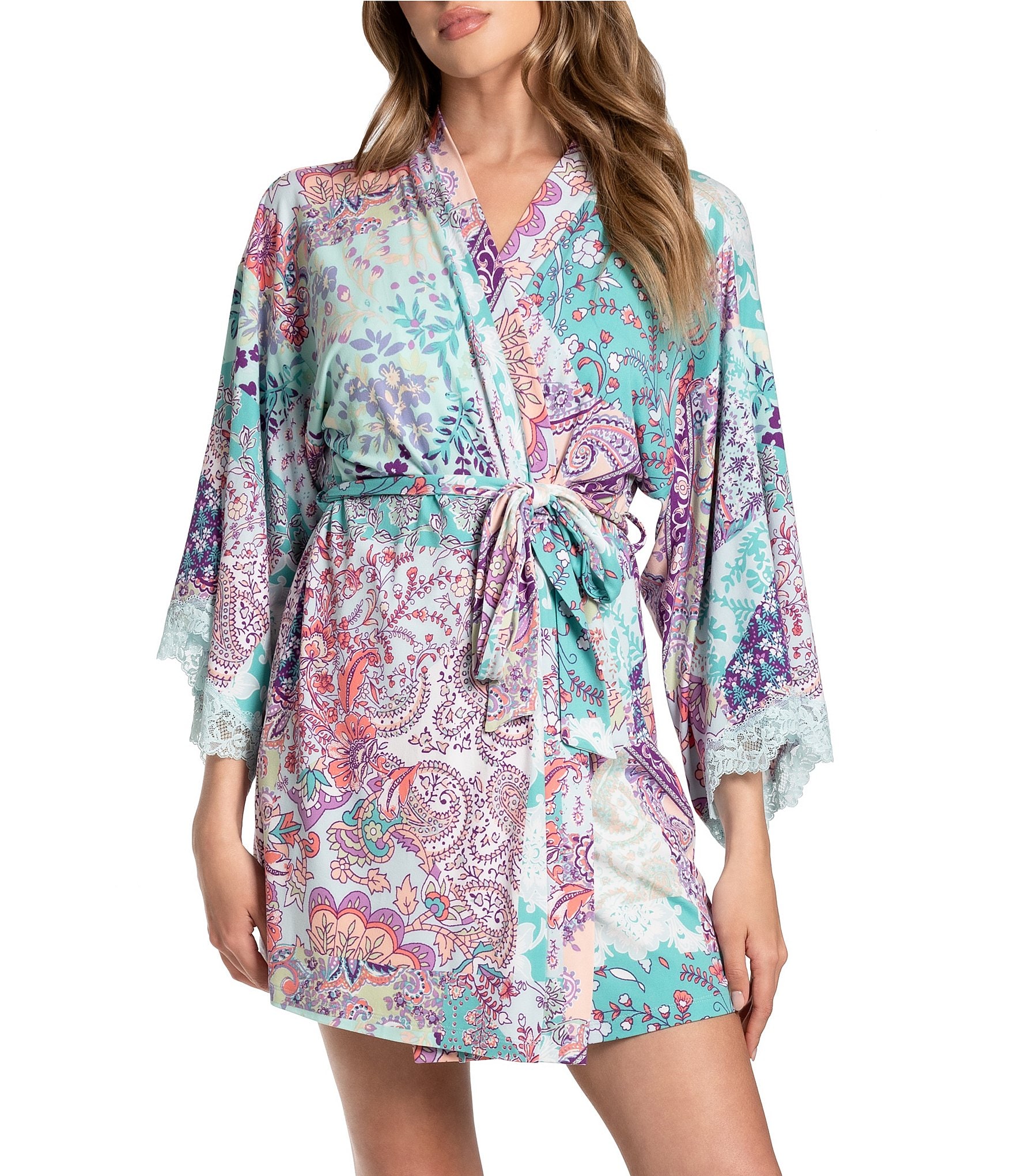 In Bloom By Jonquil Paisley Patchwork Print 3/4 Sleeve Brushed Knit Short Robe