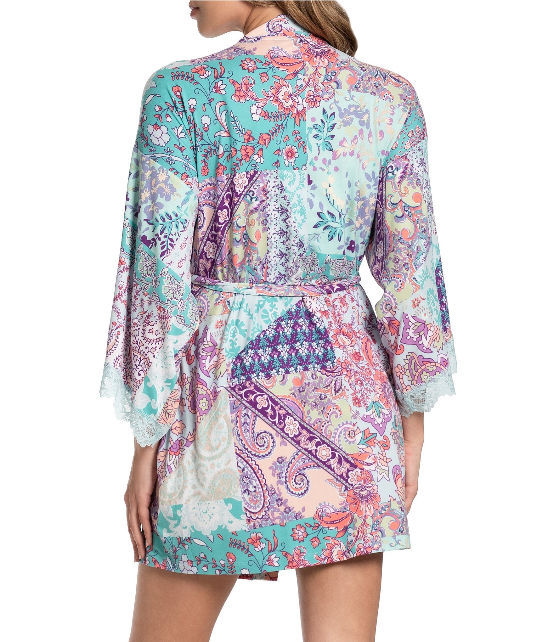 In Bloom By Jonquil Paisley Patchwork Print 3/4 Sleeve Brushed Knit Short Robe