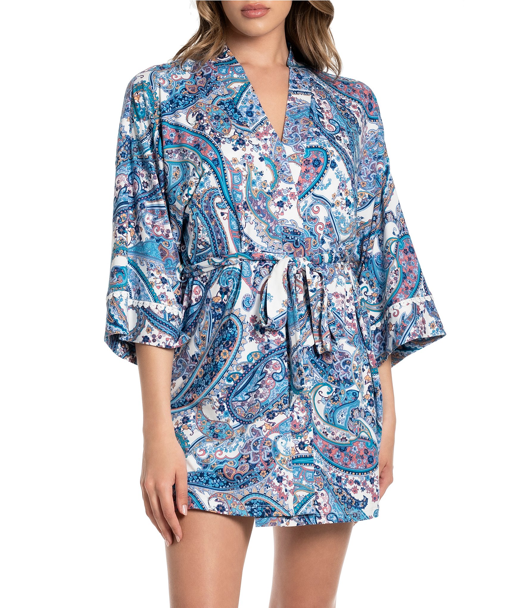 In Bloom by Jonquil Paisley Print 3/4 Sleeve Brushed Knit Short Robe