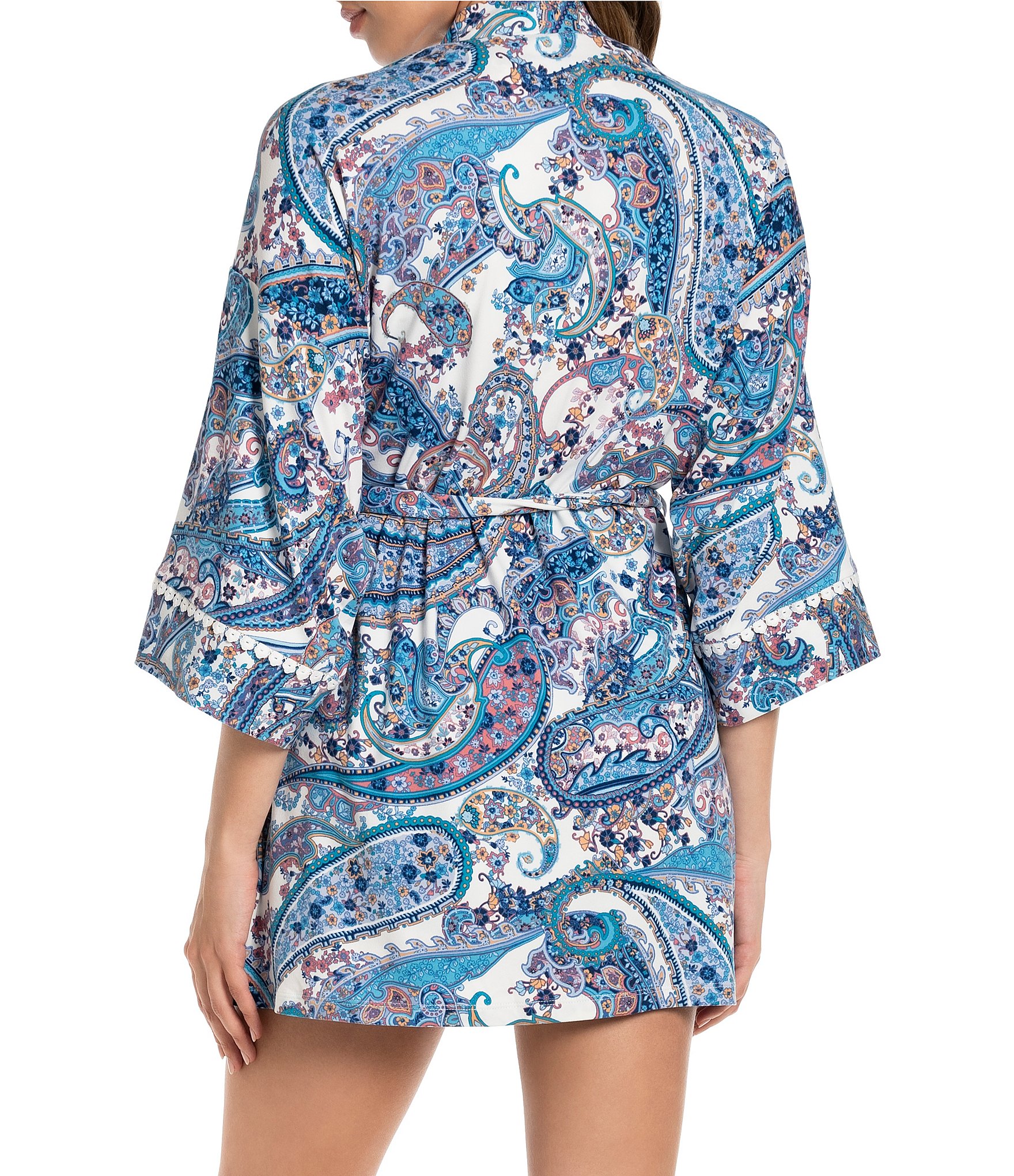 In Bloom by Jonquil Paisley Print 3/4 Sleeve Brushed Knit Short Robe