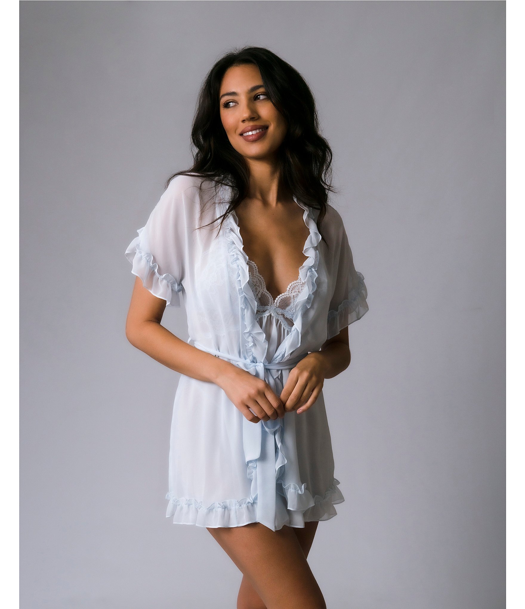 In Bloom by Jonquil Solid Chiffon Short Sleeve Ruffled Coordinating Wrap Robe