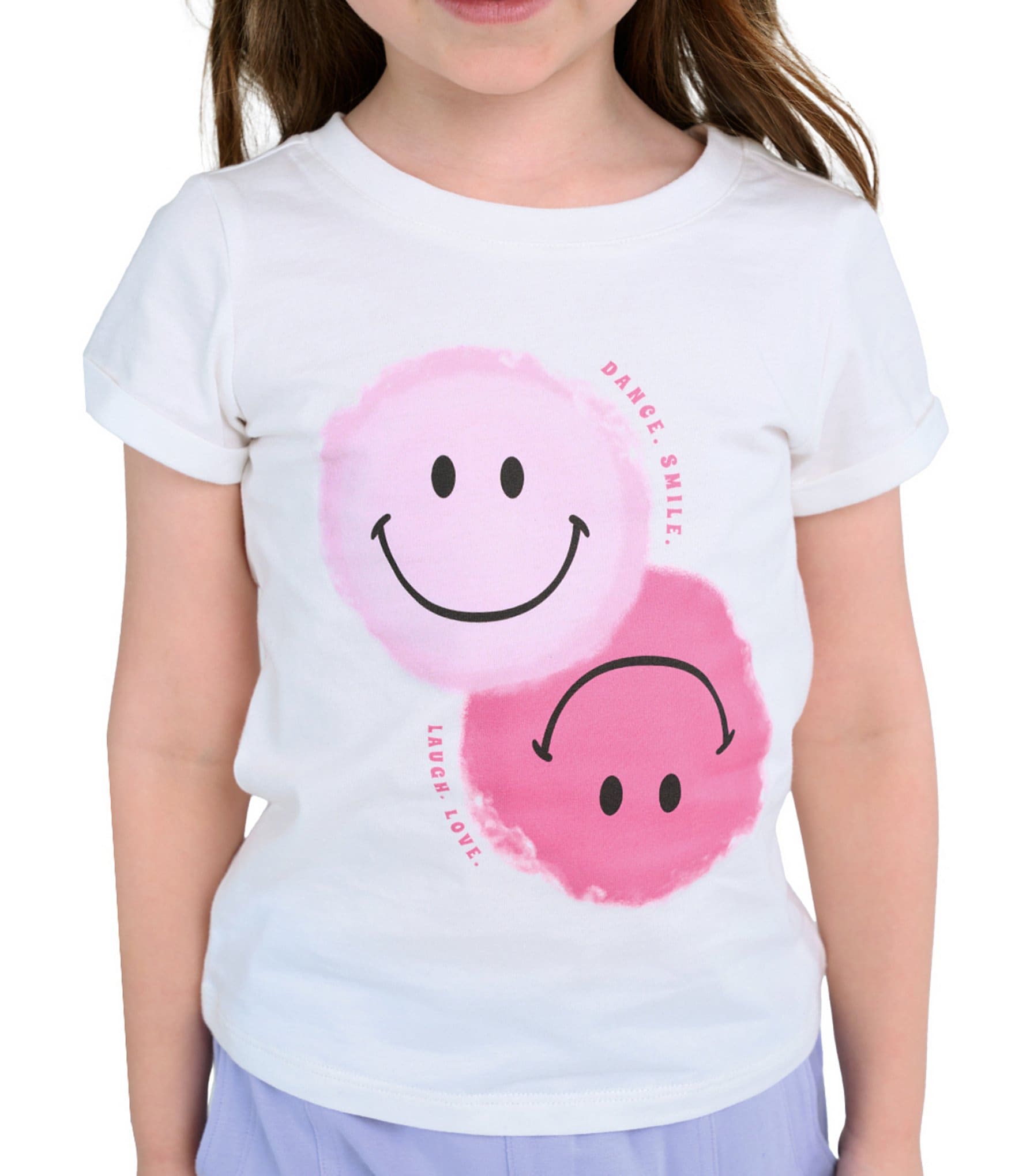Indie Gold Little Girls Roll-Sleeve Smiley Face Graphic T-Shirt