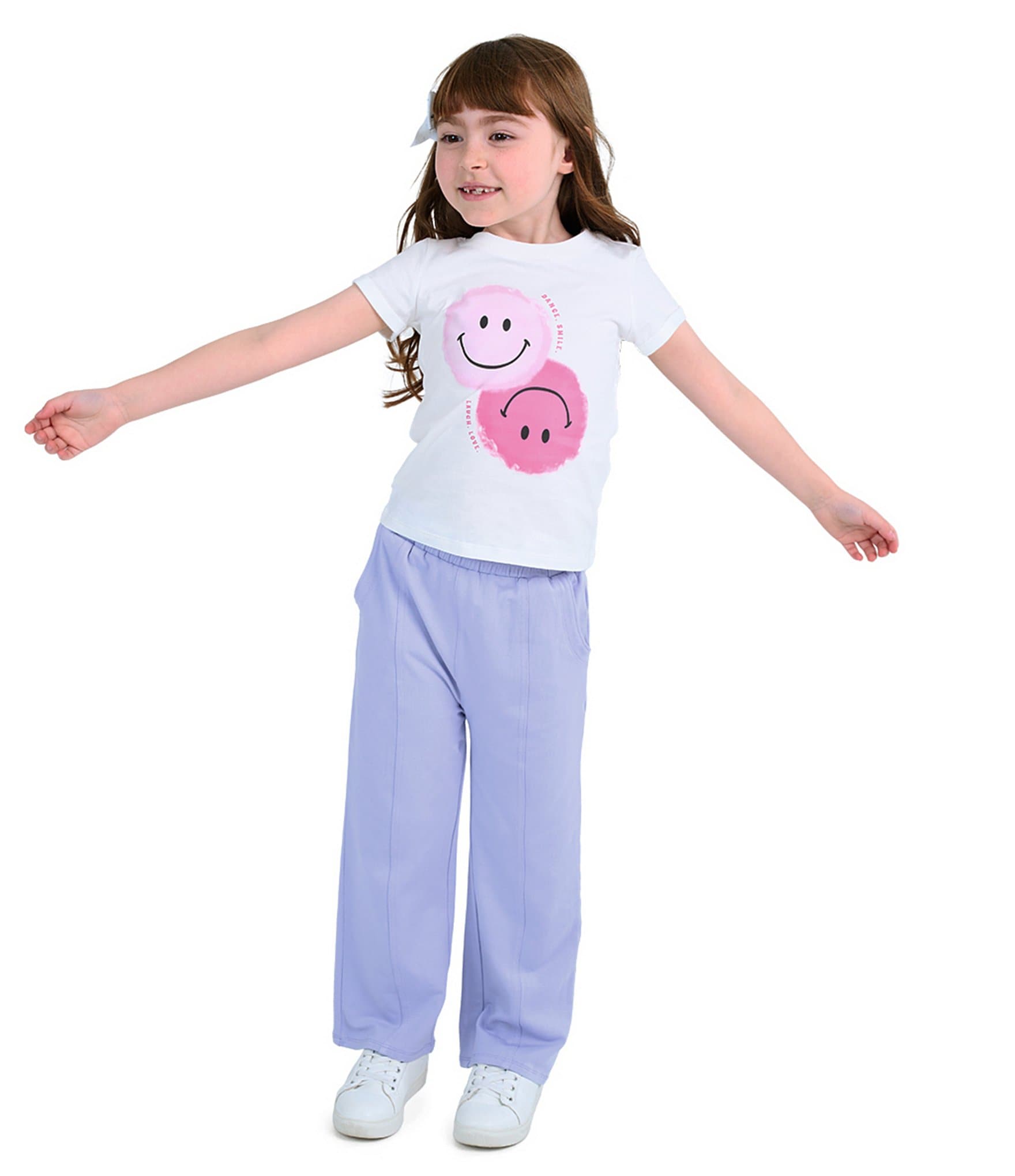 Indie Gold Little Girls Roll-Sleeve Smiley Face Graphic T-Shirt