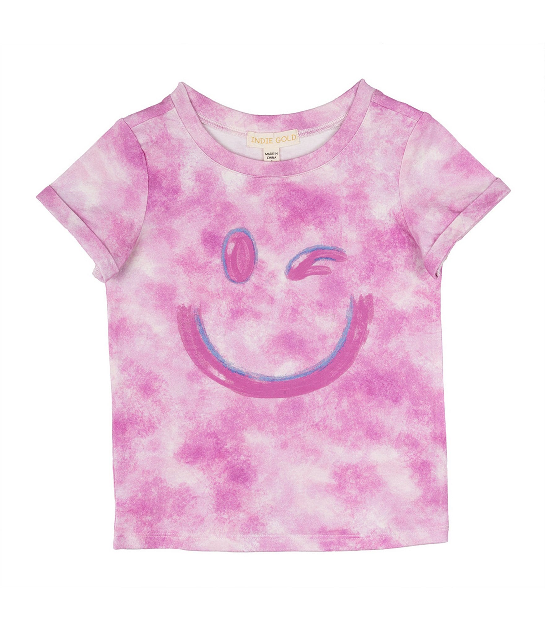 Indie Gold Little Girls Roll-Sleeve Smiley Face Graphic Tie-Dye T-Shirt