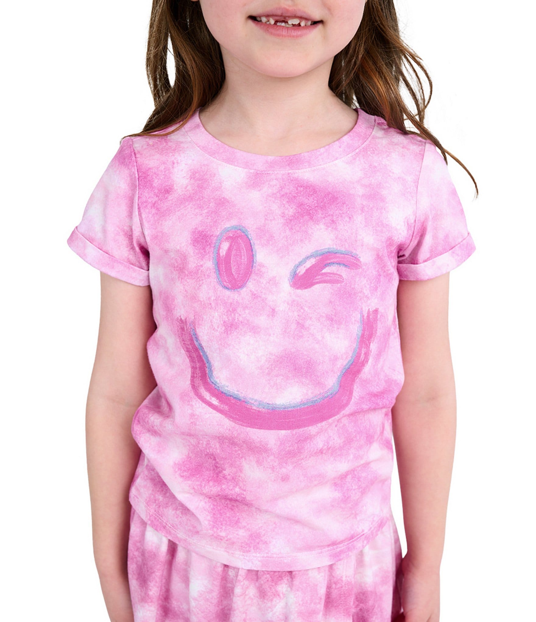Indie Gold Little Girls Roll-Sleeve Smiley Face Graphic Tie-Dye T-Shirt