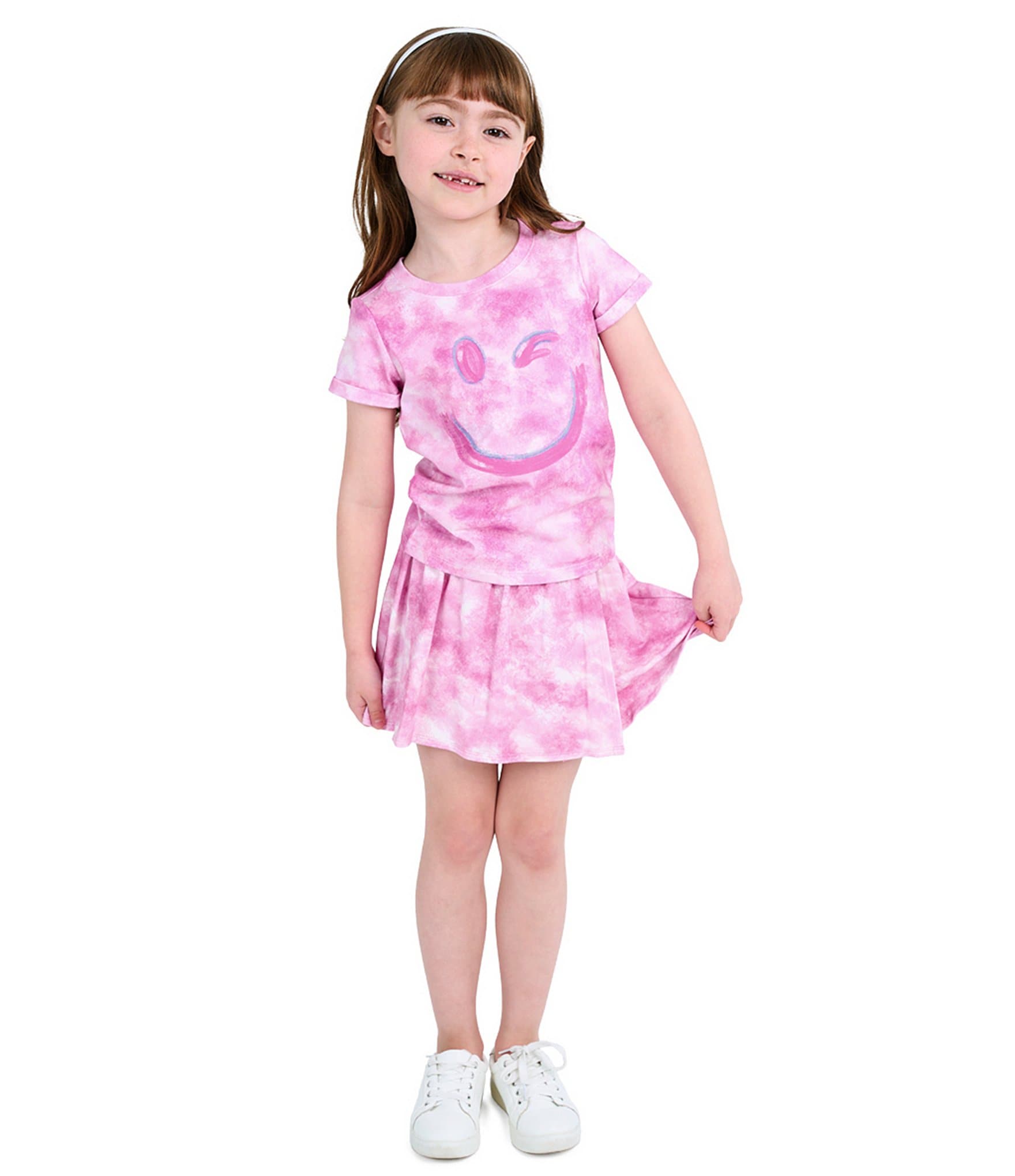 Indie Gold Little Girls Roll-Sleeve Smiley Face Graphic Tie-Dye T-Shirt