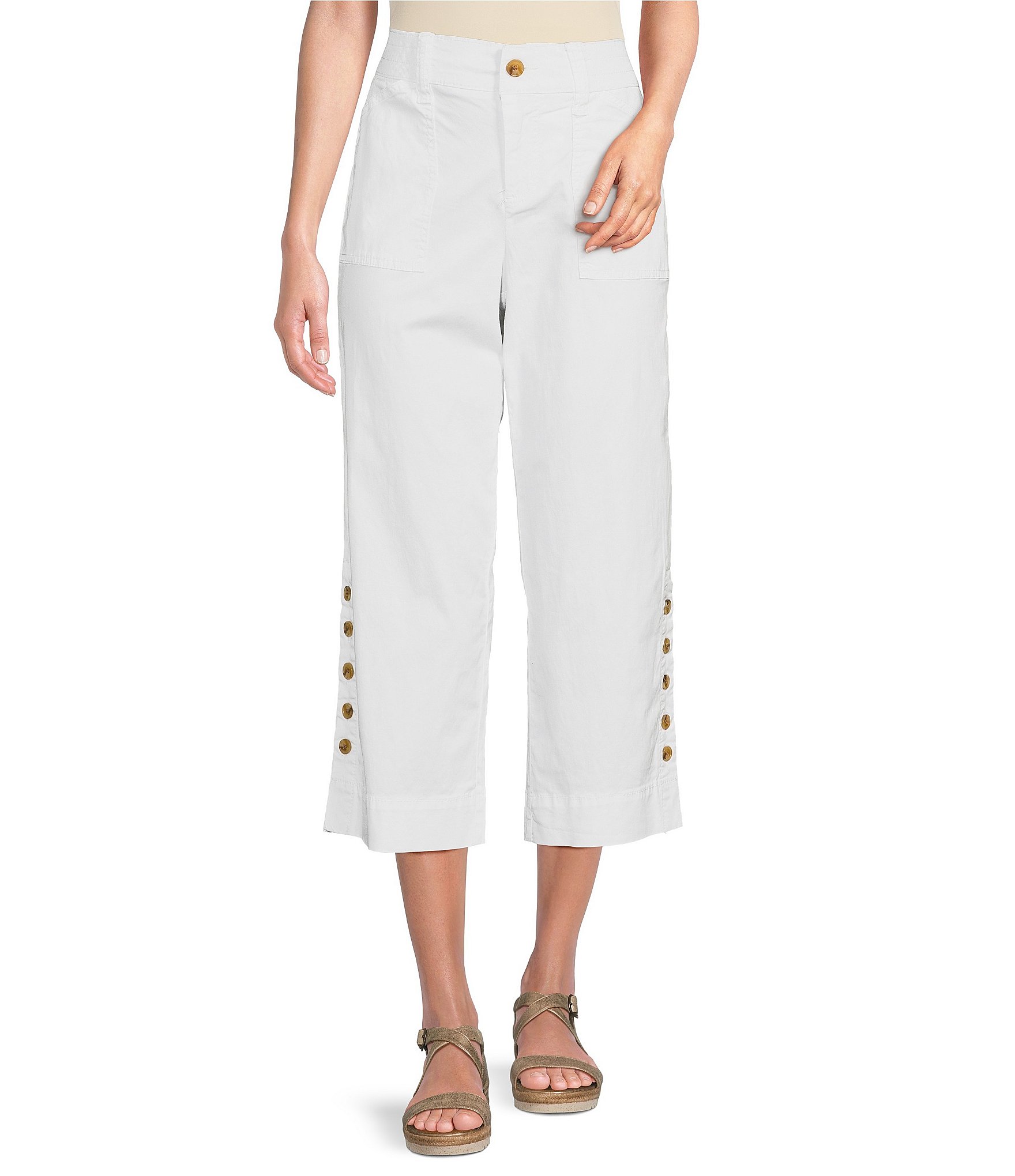 Intro Cotton Tencel™ Wide Leg Side Button Trim Detail Crop