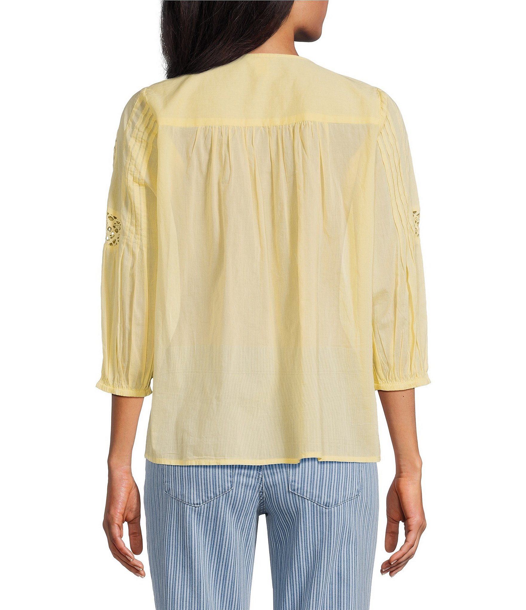 Intro Cotton Voile Crew Neck 3/4 Sleeve Lace Trim Peasant Blouse