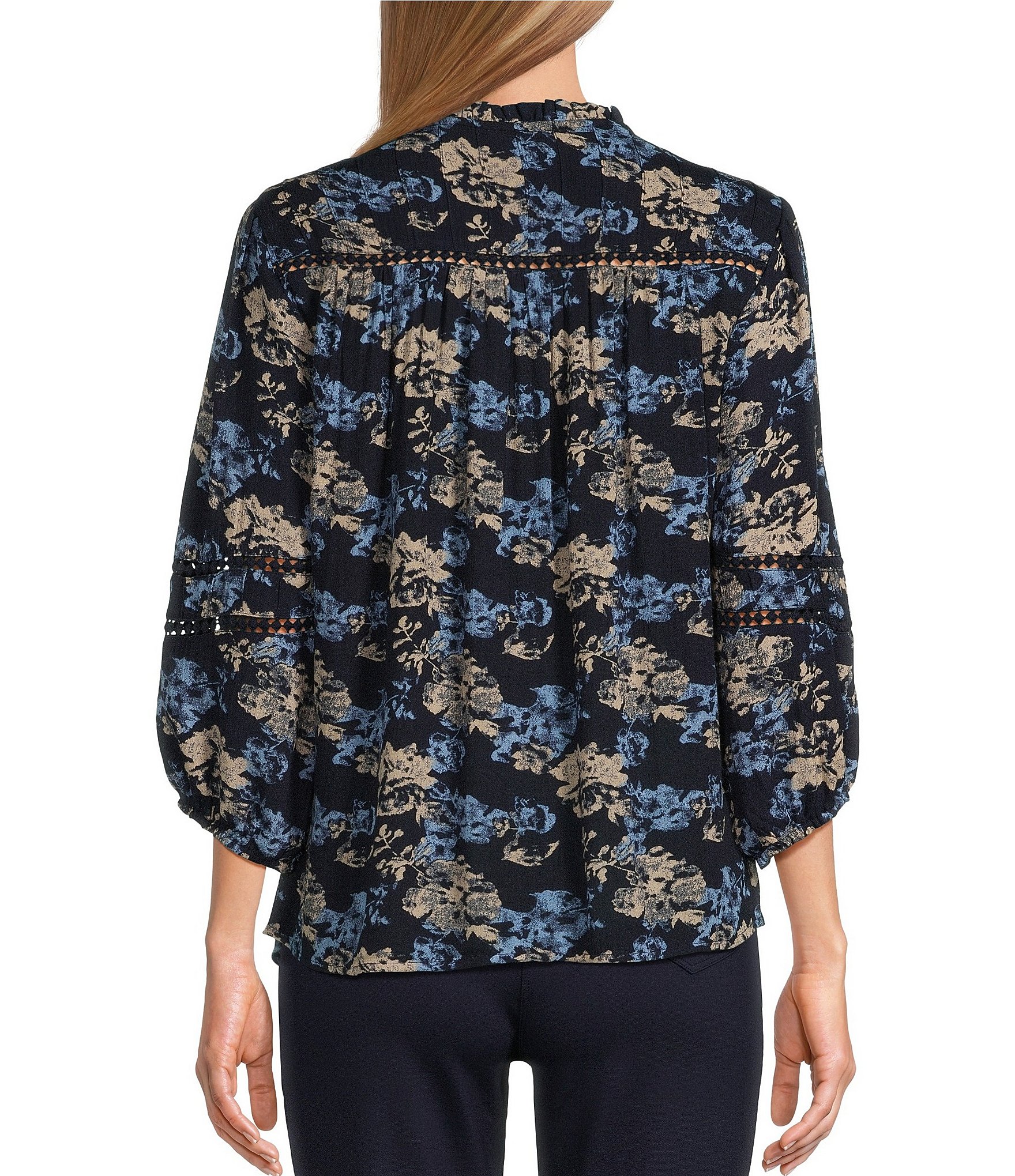 Intro Crinkle Gauze Textured Floral Print Split V-Neck 3/4 Sleeve Lace Inset Pleated Peasant Top