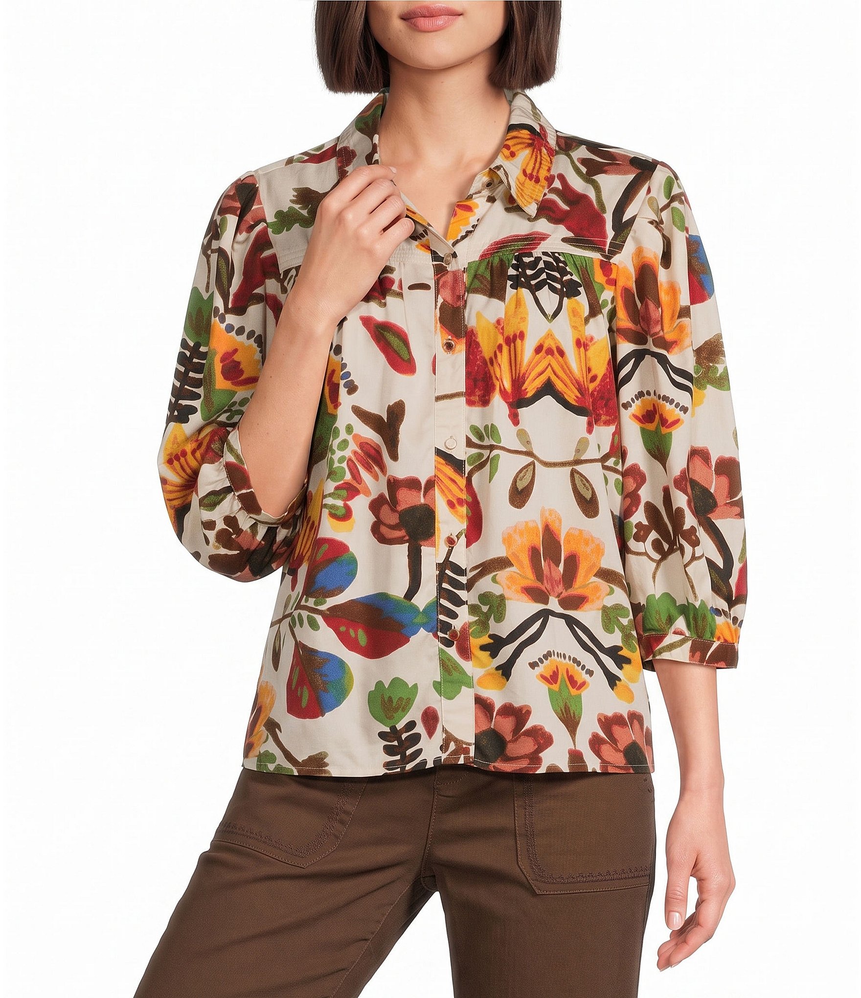 Intro Crinkle Woven Printed Point Collar3/4 Puff Sleeve Button Front Placket Shirt