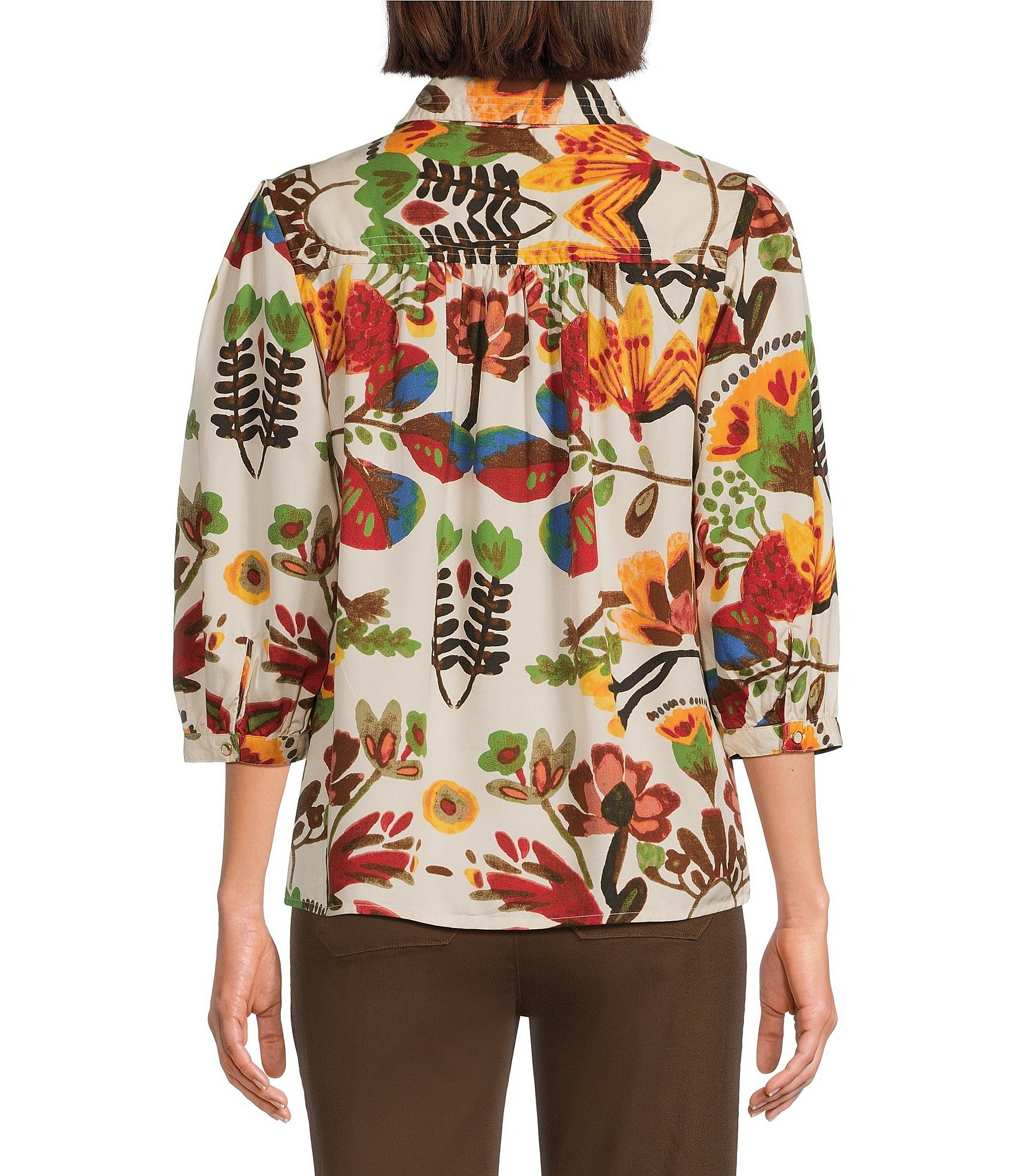 Intro Crinkle Woven Printed Point Collar3/4 Puff Sleeve Button Front Placket Shirt