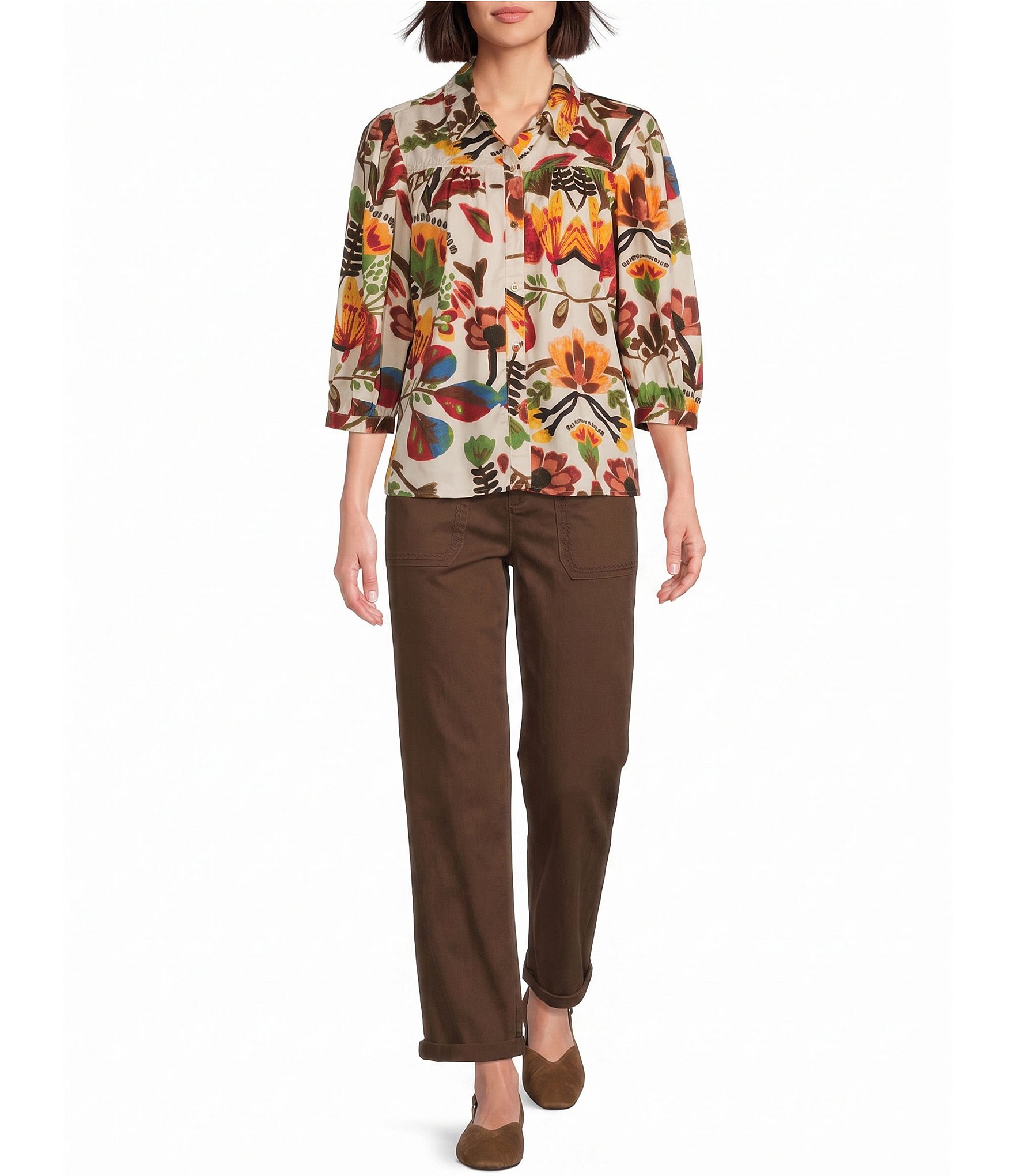 Intro Crinkle Woven Printed Point Collar3/4 Puff Sleeve Button Front Placket Shirt