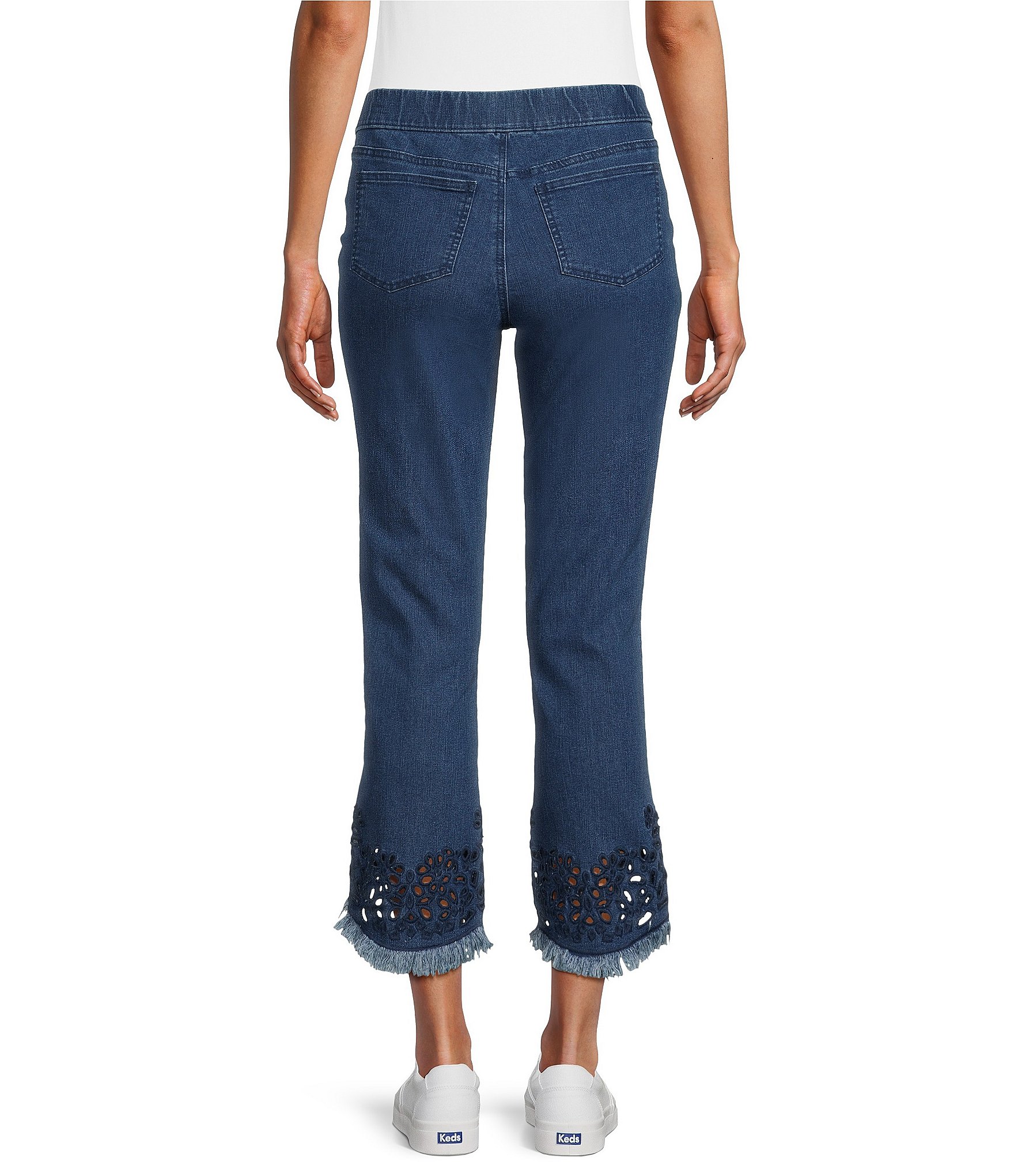 Intro Straight Leg Denim Tulip Eyelet Embroidered Frayed Hem Pull-On Ankle Pants