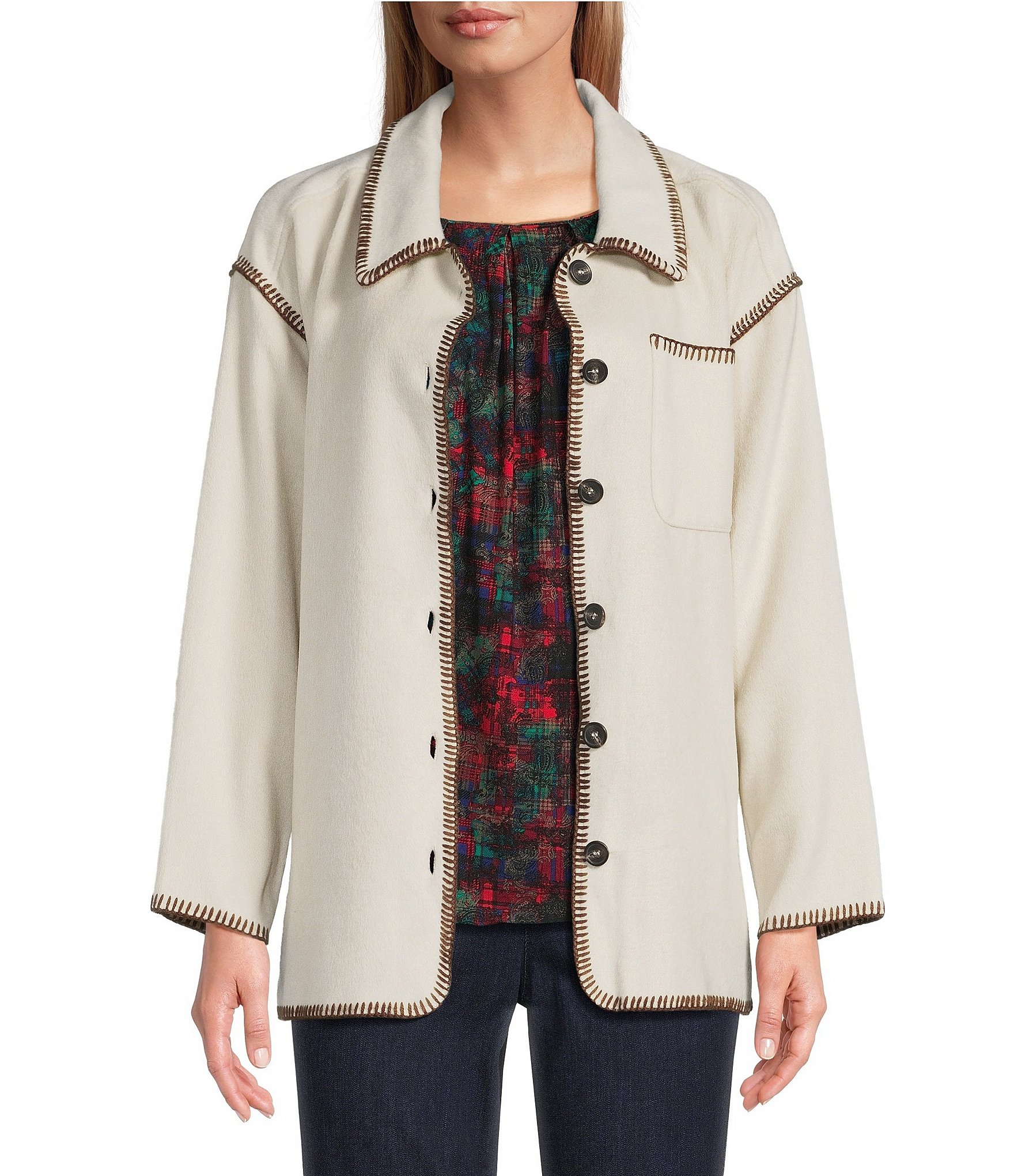 Intro Embroidered Whipstitch Point Collar Long Sleeve Button Front Shirt Jacket