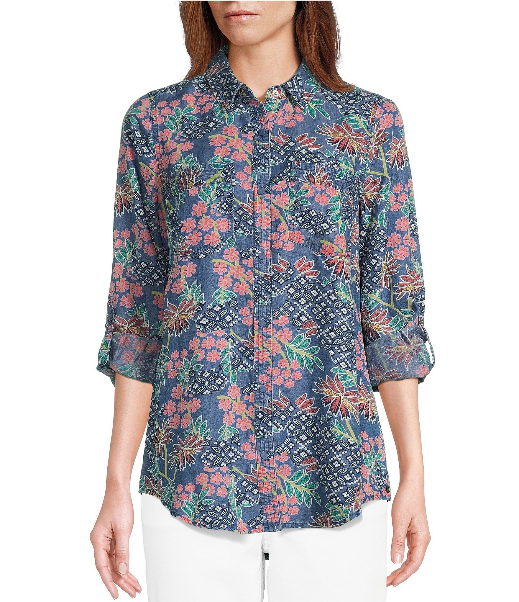 Intro Floral Geometric Mix Print Long Roll-Tab Sleeve Button Front Point  Collar Tencel Shirt | Dillard's