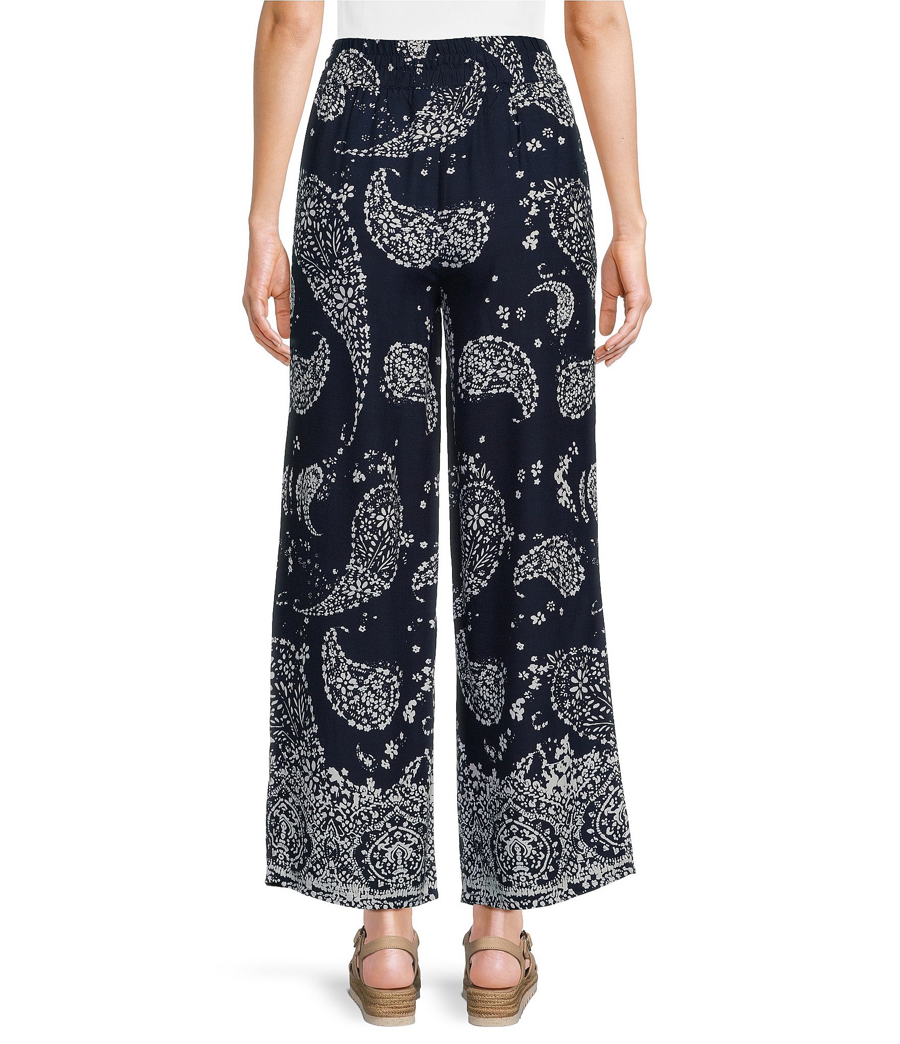 Intro Janis Woven Paisley Print Wide-Leg Pull-On Ankle Pants