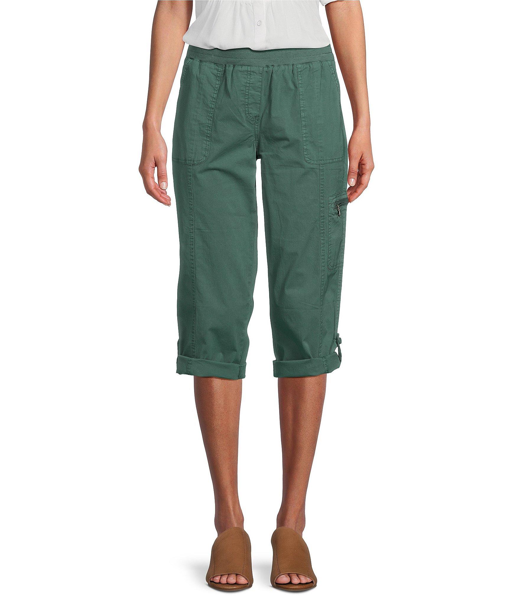 DKNY Sport Peached Poplin Ribbed Waist Convertible Cinched Cargo Capri  Pull-On Pant