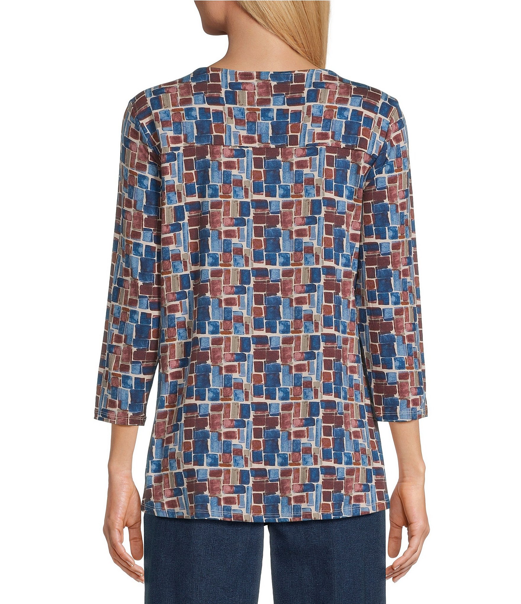 Intro Knit Jersey Geo Print 3/4 Sleeve Pleated Neck Tee