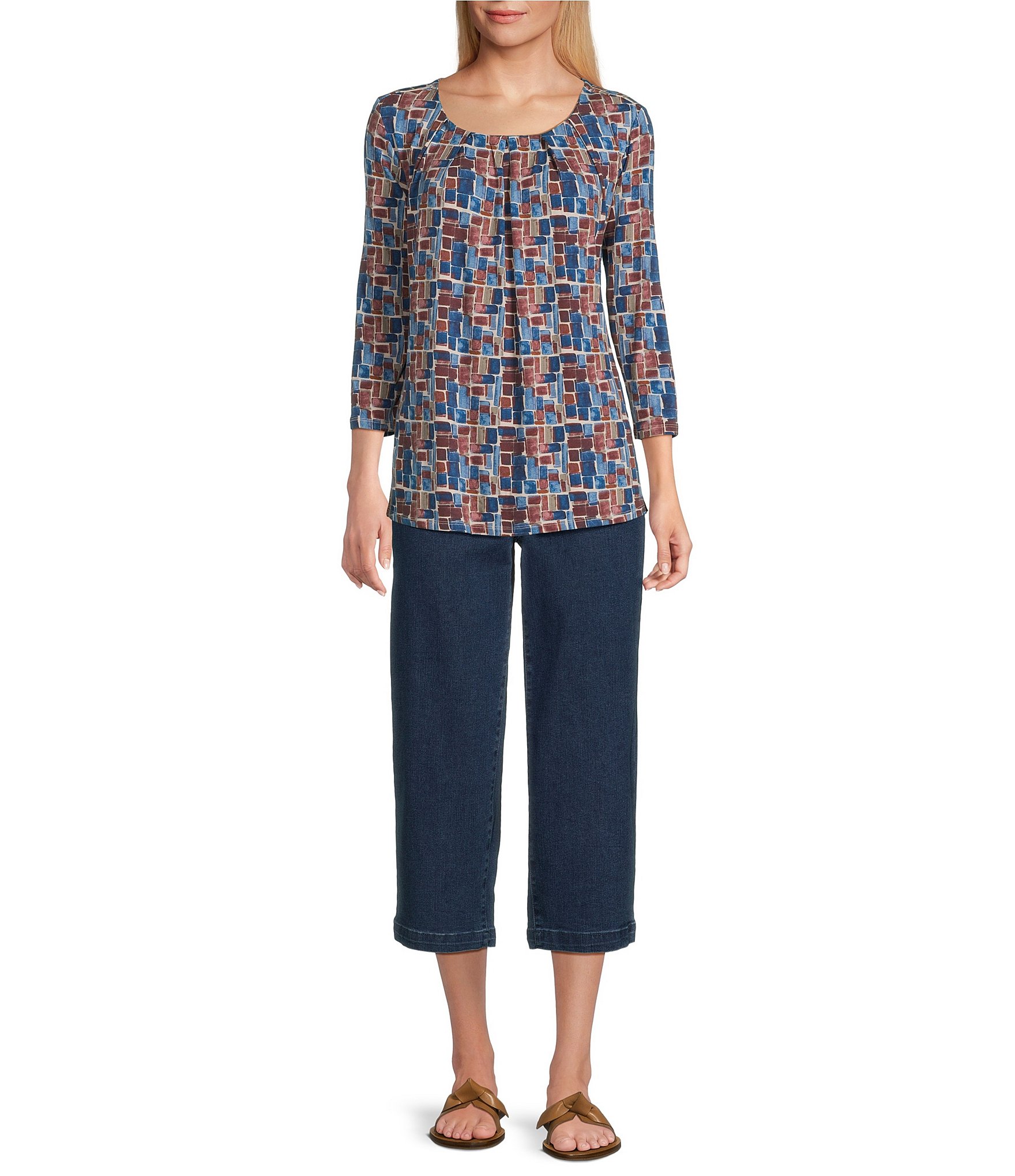 Intro Knit Jersey Geo Print 3/4 Sleeve Pleated Neck Tee