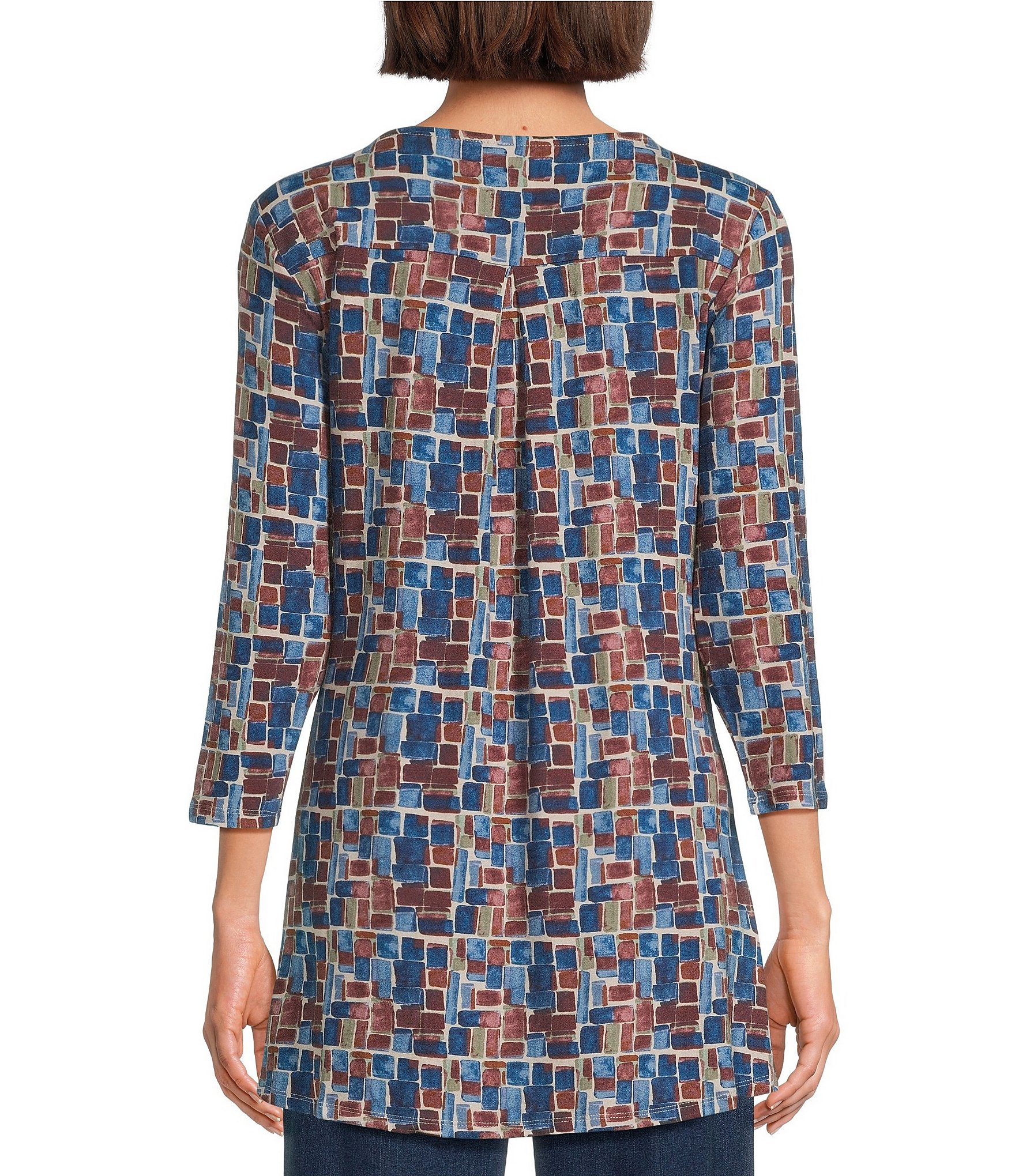 Intro Knit Jersey Painted Geo Textured Print 3/4 Sleeve Hi-Low Top