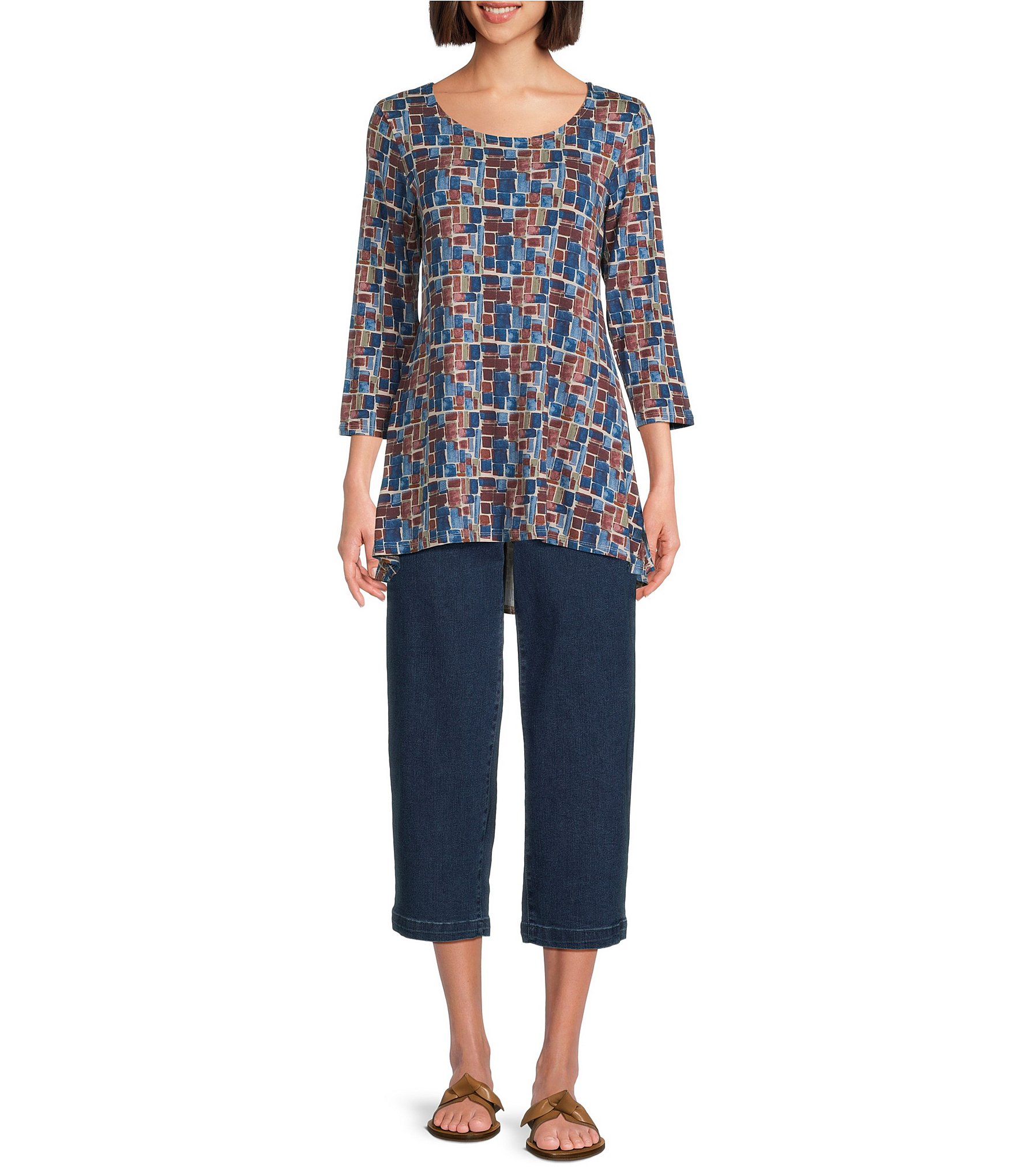 Intro Knit Jersey Painted Geo Textured Print 3/4 Sleeve Hi-Low Top