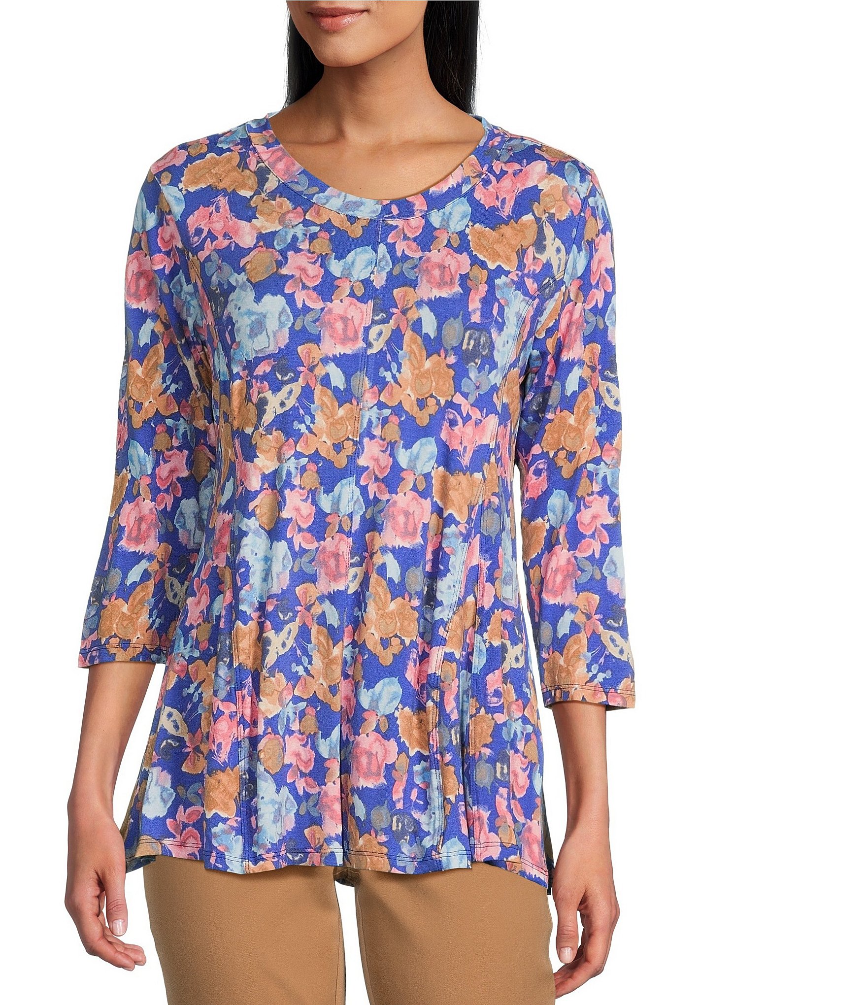 Intro Knit Jersey Dazzling Blue Scoop Neck 3/4 Sleeve Flare