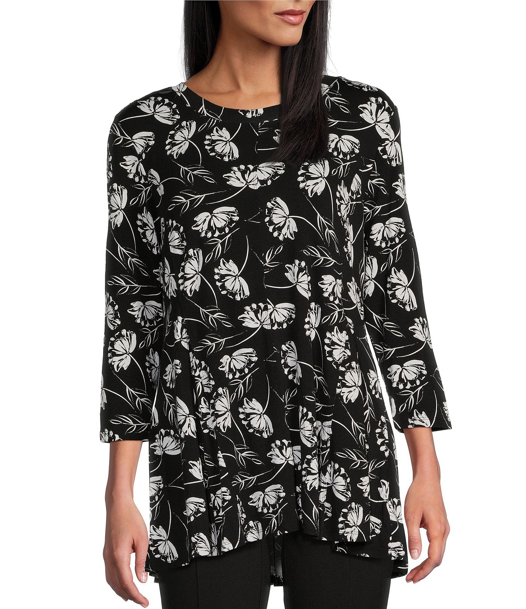 Intro Knit Jersey Floral Print Scoop Neck 3/4 Sleeve Seaming
