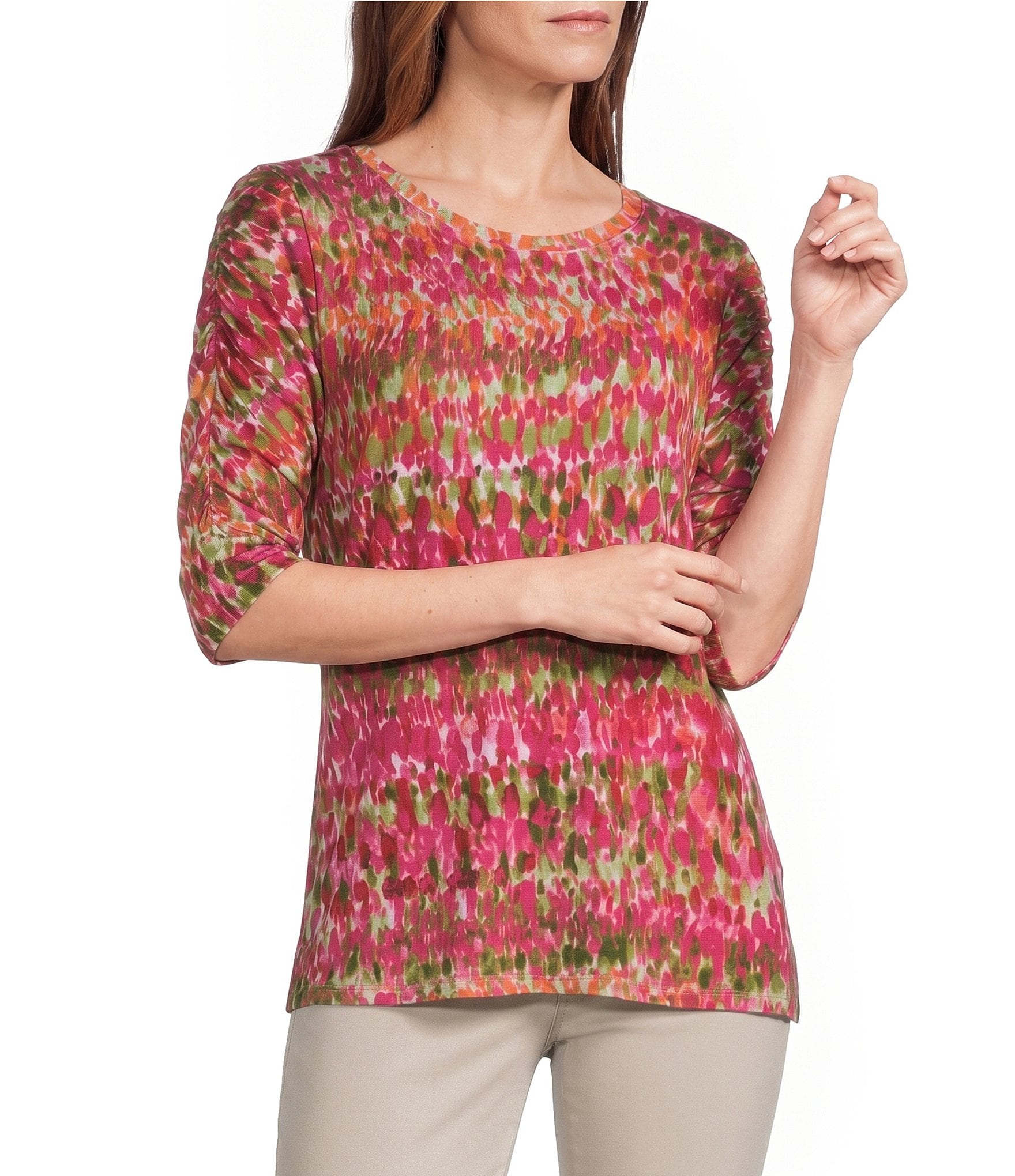 Intro Knit Jersey Raspberry Sorbet Crew Neck Elbow Ruched Sleeve Top