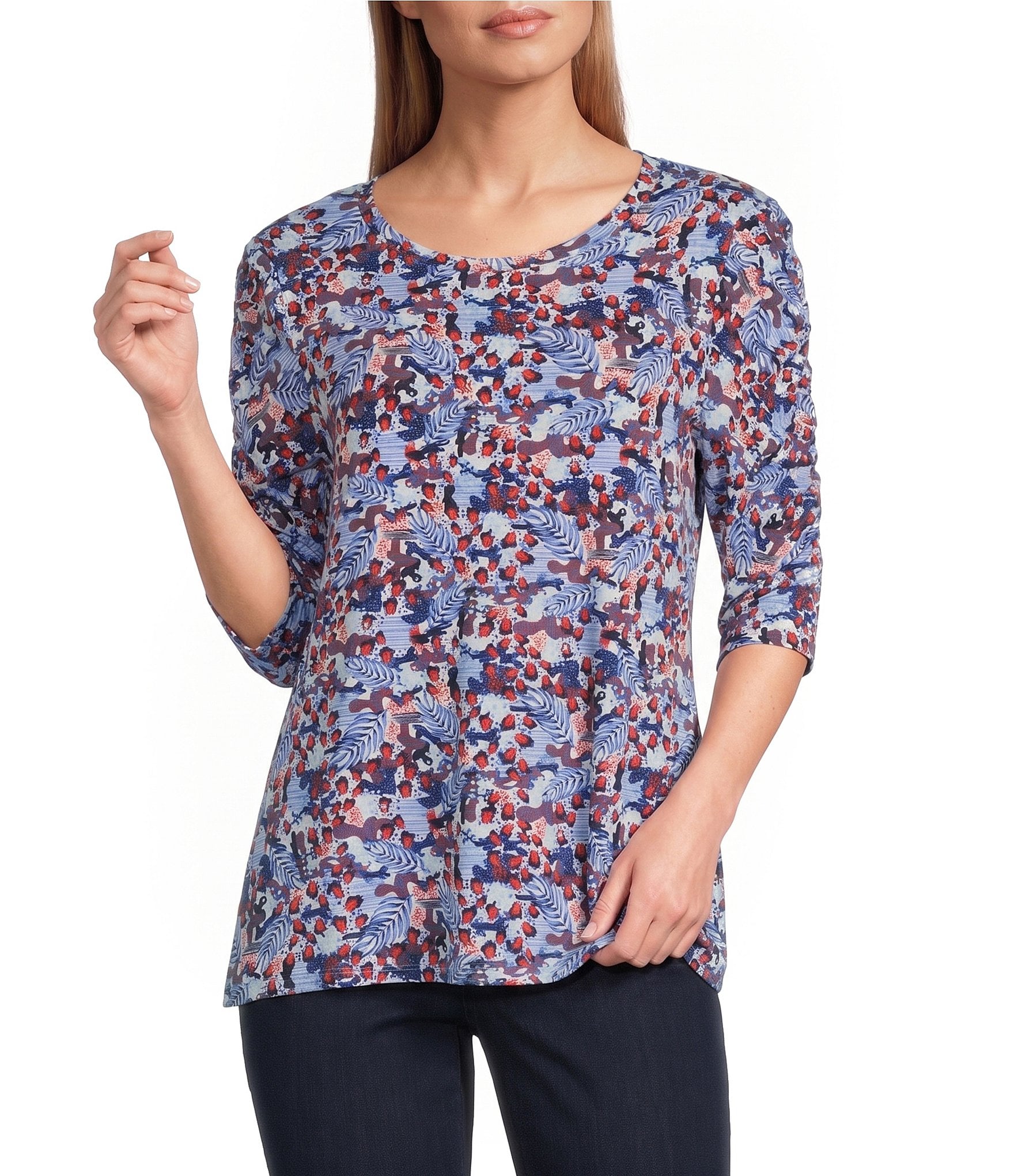 Intro Knit Jersey Victoria Blue Crew Neck Elbow Ruched Sleeve Top